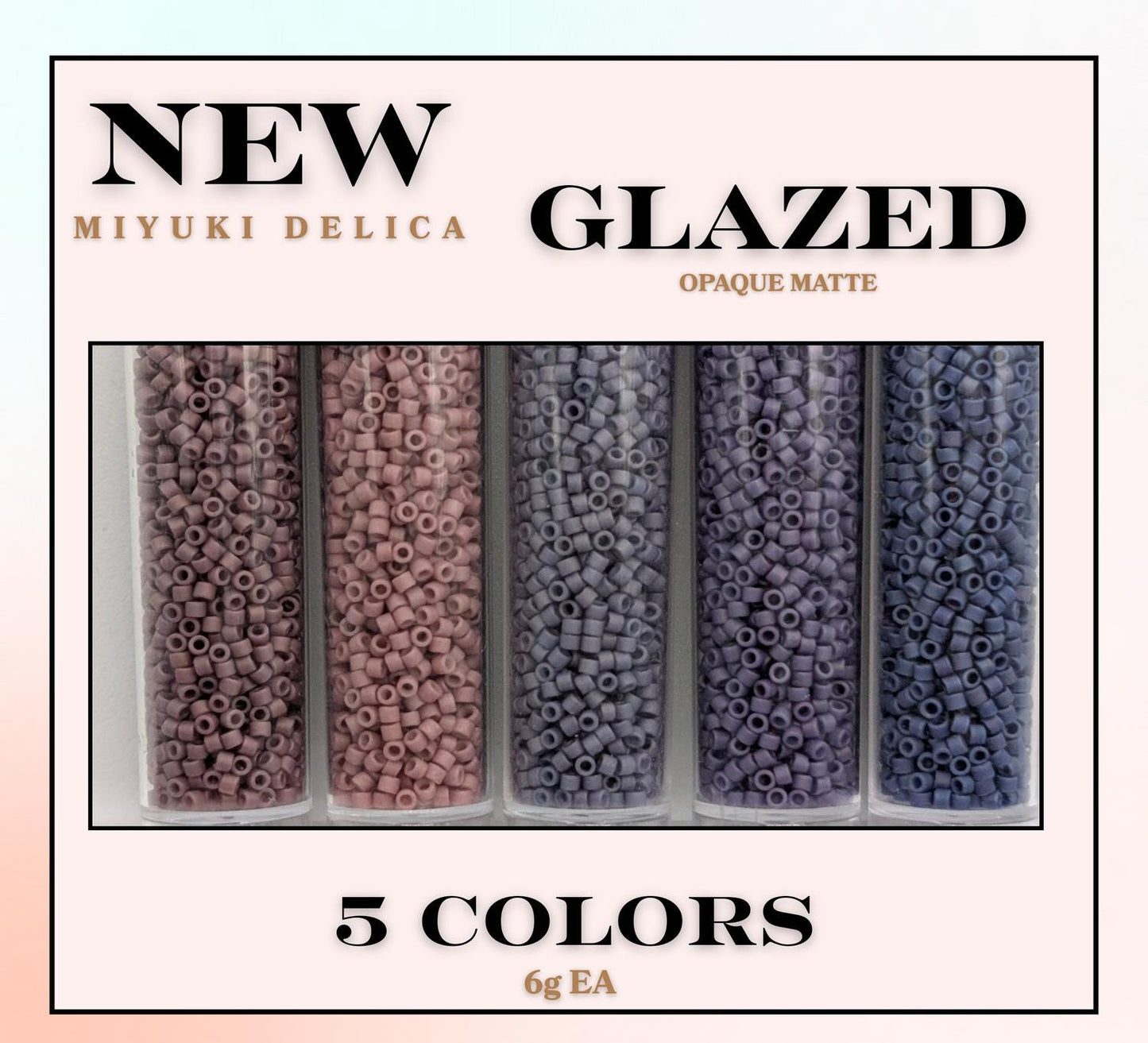 five transparent glass jars filled with beads in various colors, including pink, purple, blue, and gray.