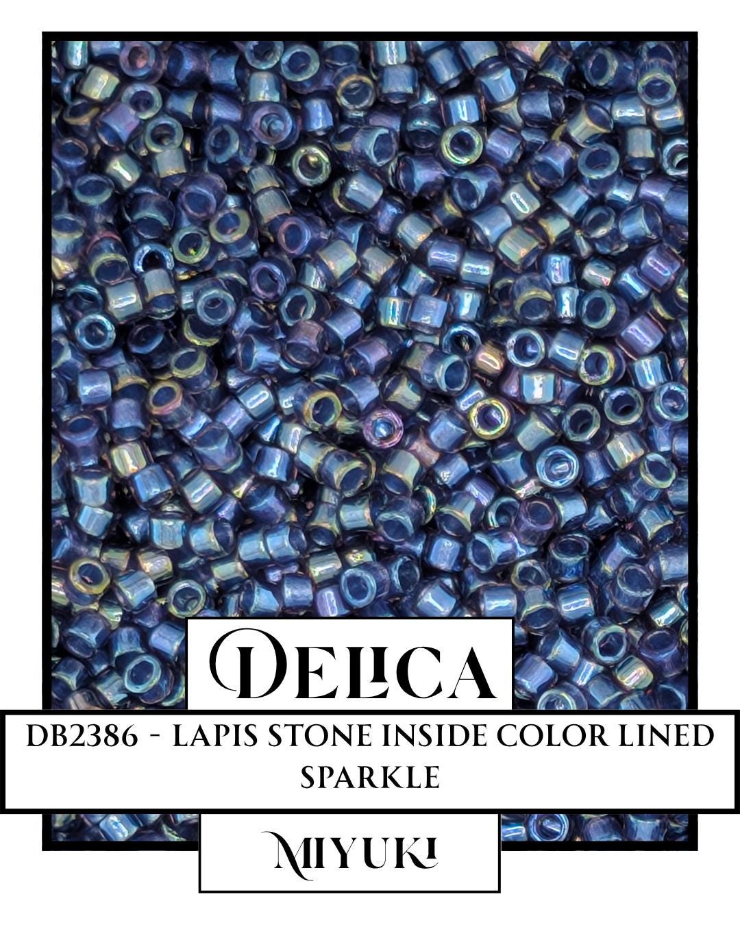 The image is a close-up of a collection of colorful beads, with a focus on the Delica brand.