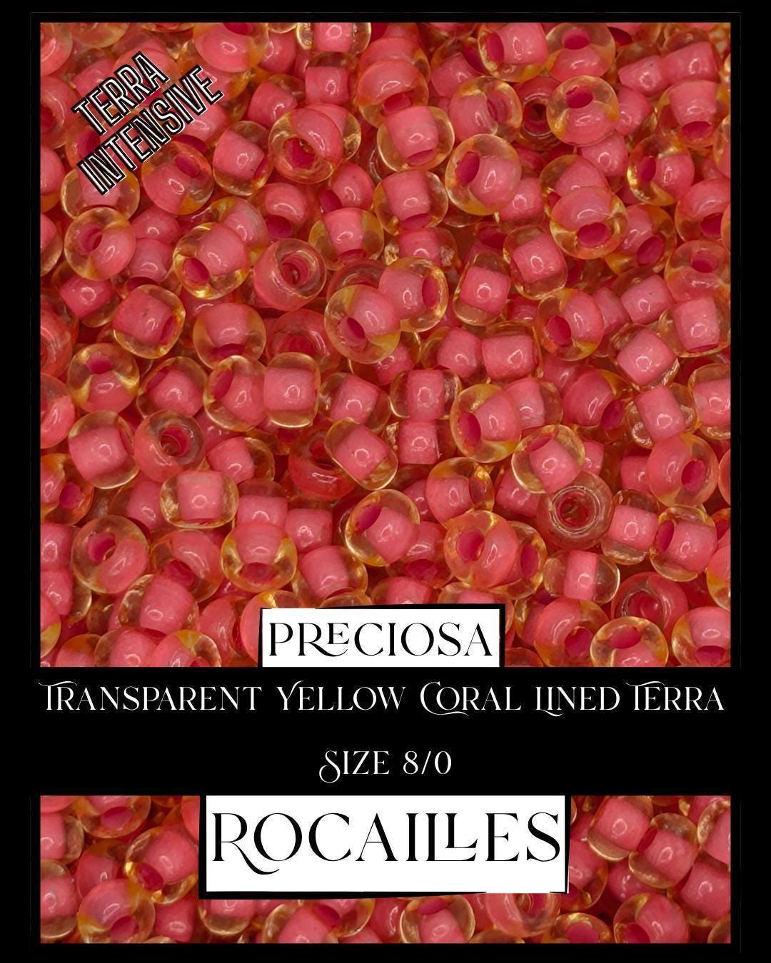 Preciosa Transparent Yellow Coral Lined Terra Size 8/0 (10g pkg)