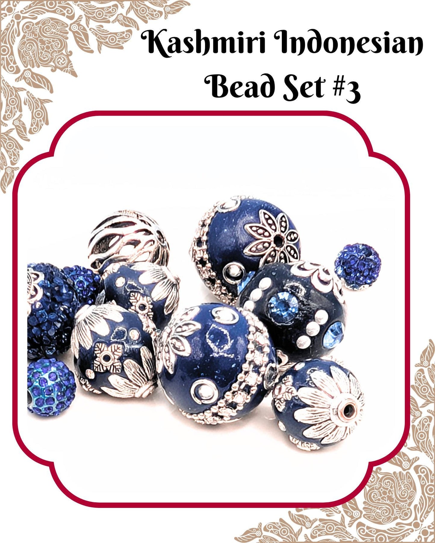 A collection of intricately designed blue and silver beads, including various shapes and patterns, arranged in a visually appealing manner.