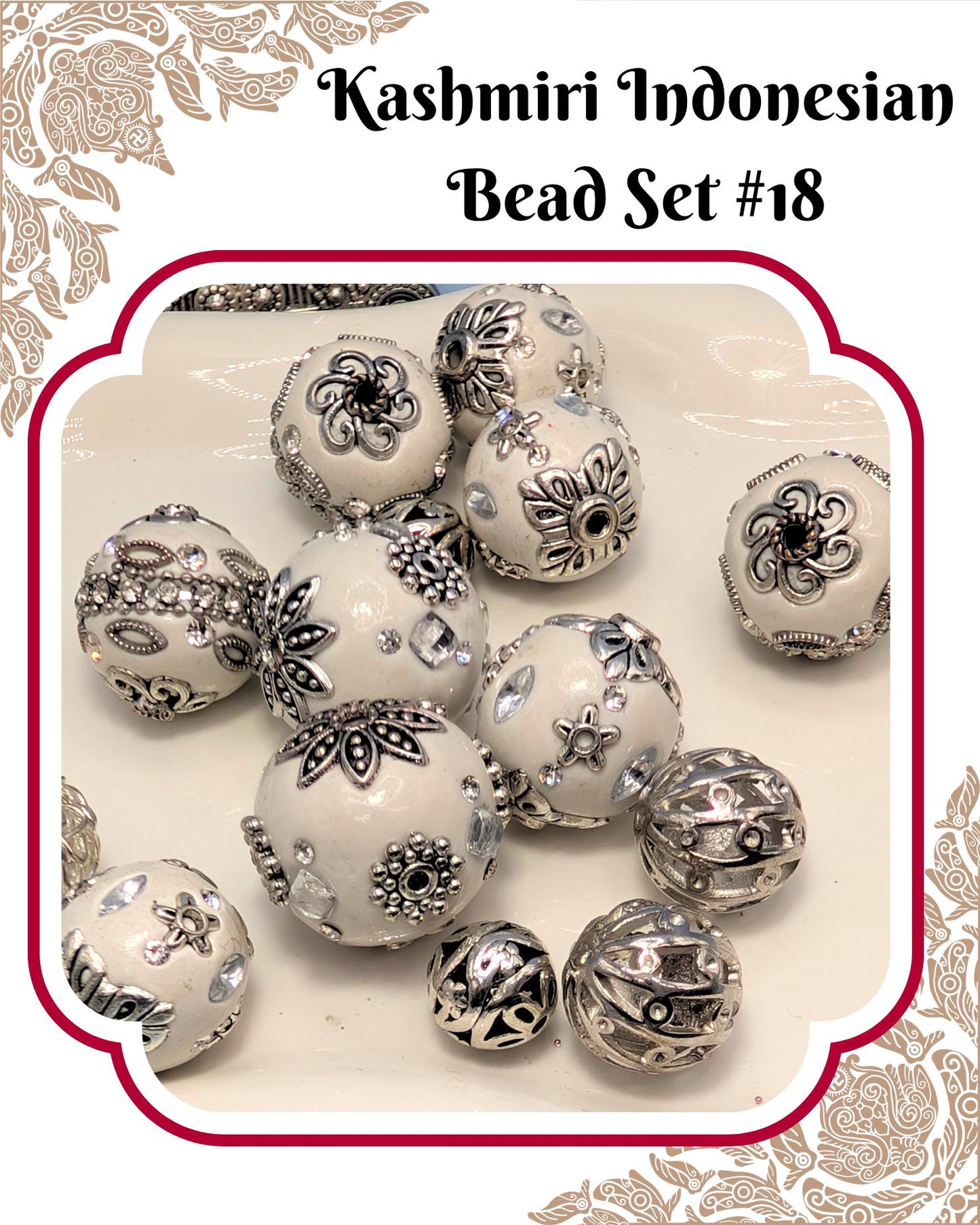 A collection of decorative beads in the shape of flowers and leaves, with various sizes and shapes, arranged on a white background.