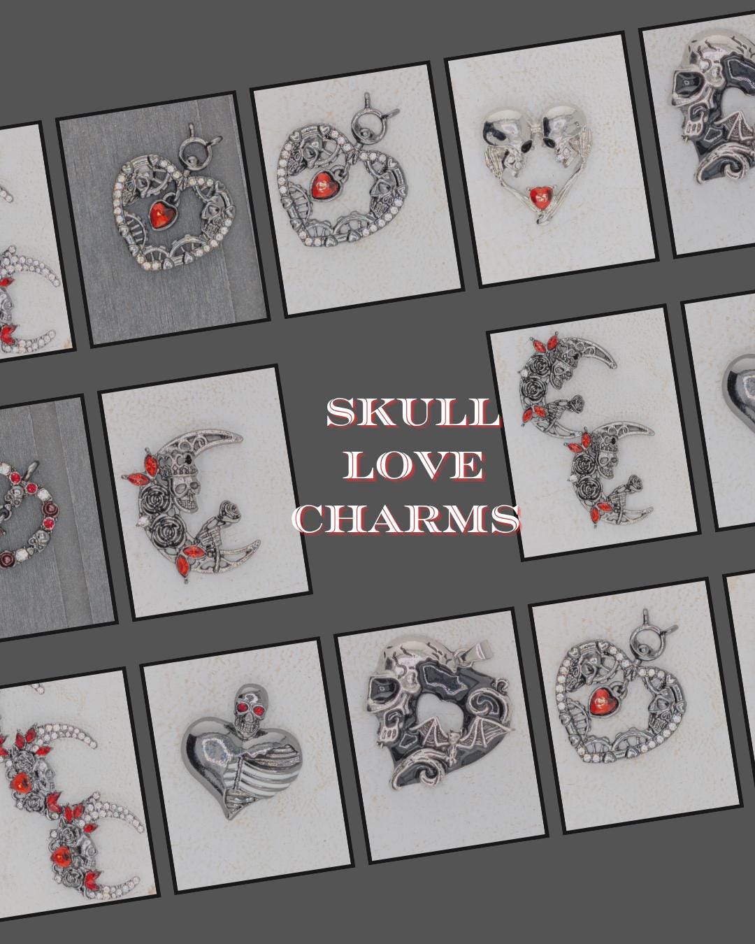 The image is a collage of various skull-themed charms, including heart-shaped pendants, skull-shaped earrings, and skull-shaped bracelets.