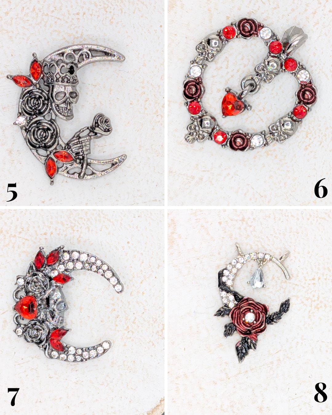 four distinct pieces of jewelry, each with unique designs and embellishments. The jewelry pieces include a crescent moon with a skull and rose motif, a heart-shaped pendant, a rose-adorned crescent moon, and a rose-and-pearl pendant.