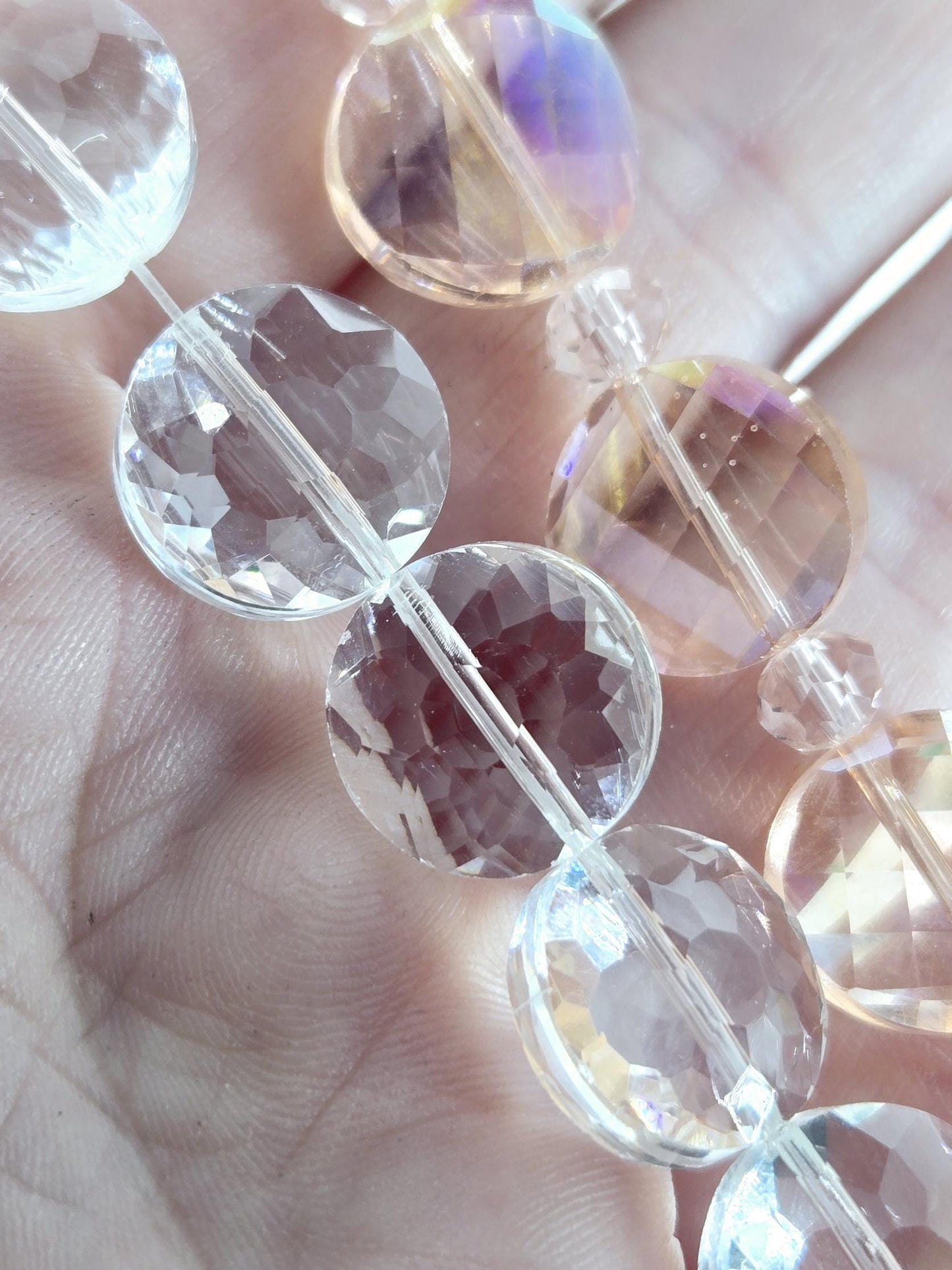 Two 8" Strands of 14mm Faceted Glass Coin Focal Beads