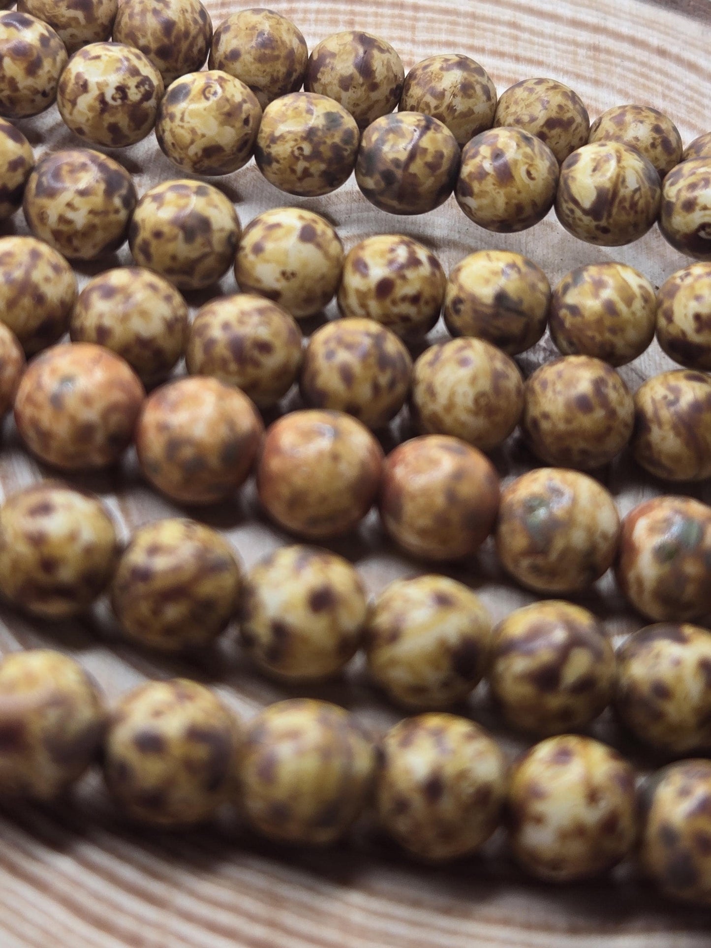 8mm Round Caramel Picasso Czech Glass Druk Beads - Handmade Jewelry Supplies & Crafting Material (50pcs)