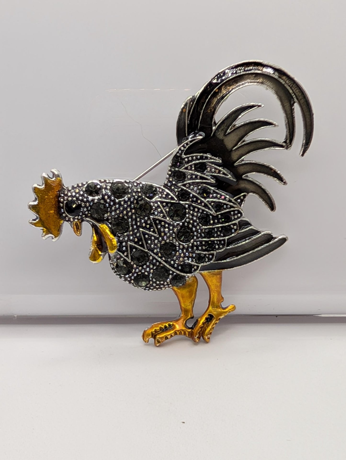 Silver Plated Orange and Black Rooster Brooch