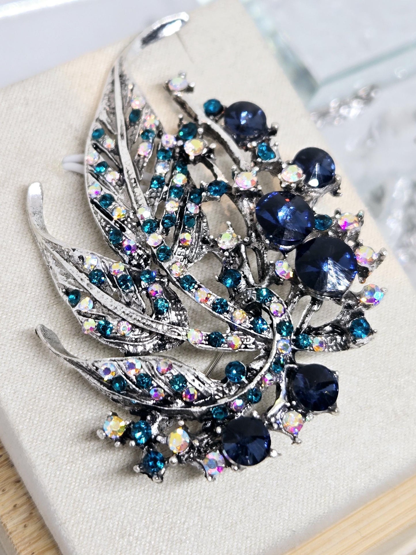 Silver Plated Sapphire Feather Brooch