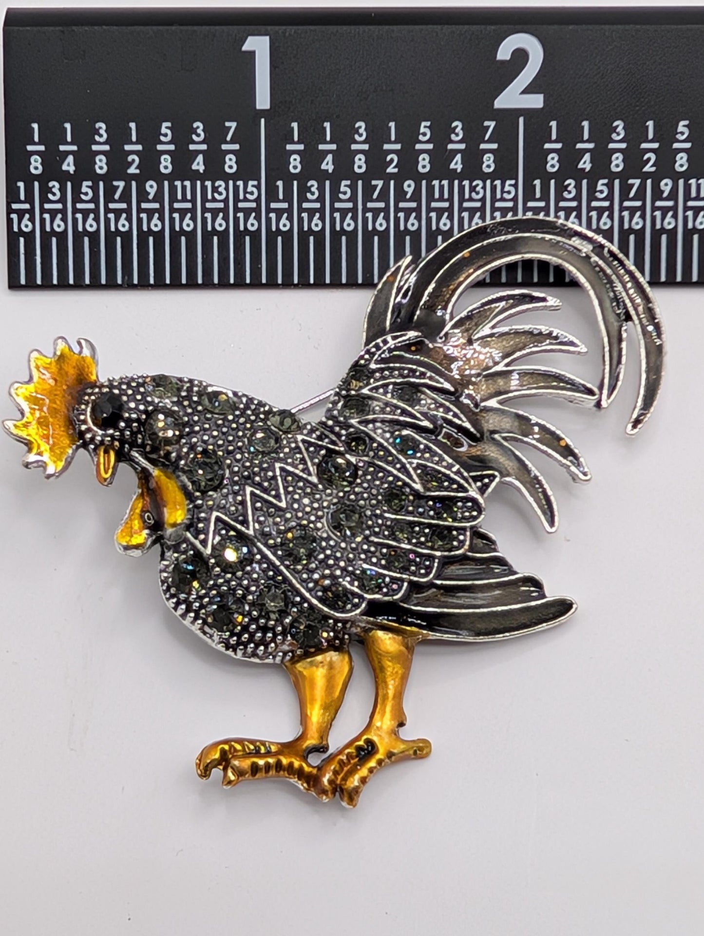 Silver Plated Orange and Black Rooster Brooch