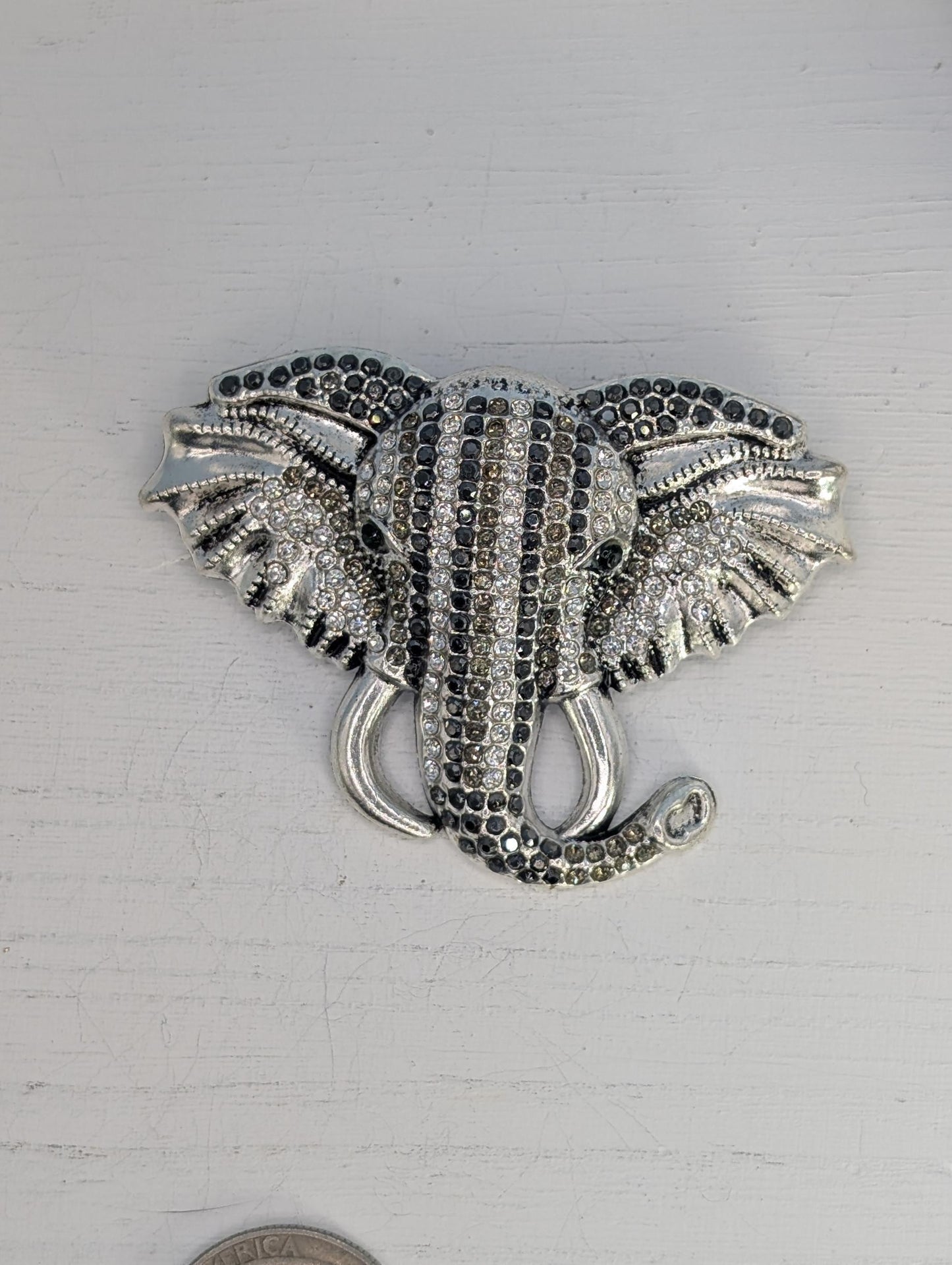 Silver Plated CZ and Black Rhinestone Elephant Brooch