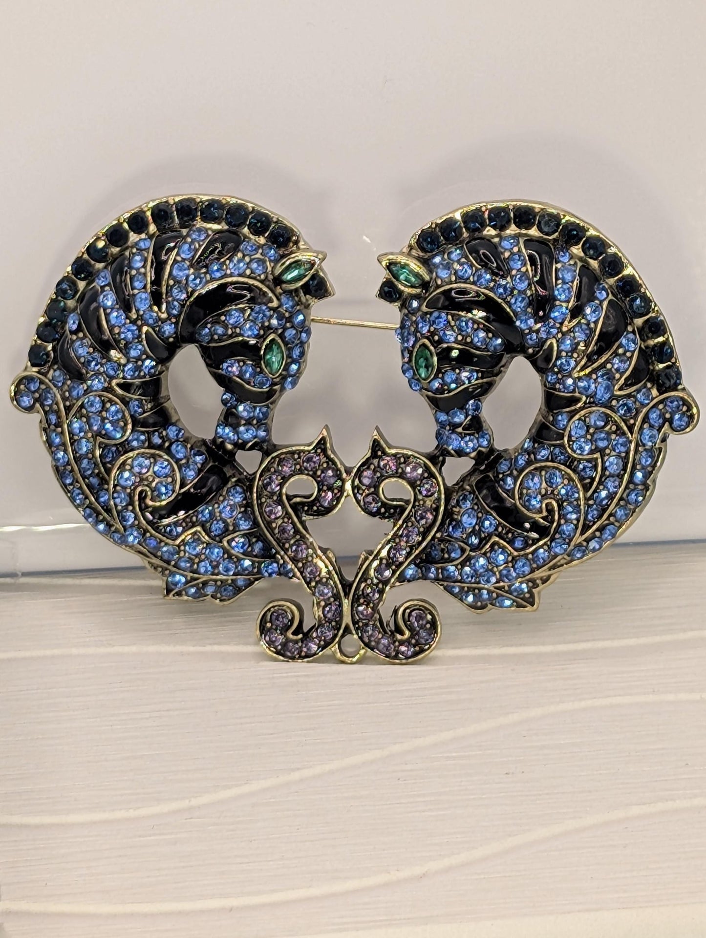 Blue Seahorse Pair Rhinestone Brooch