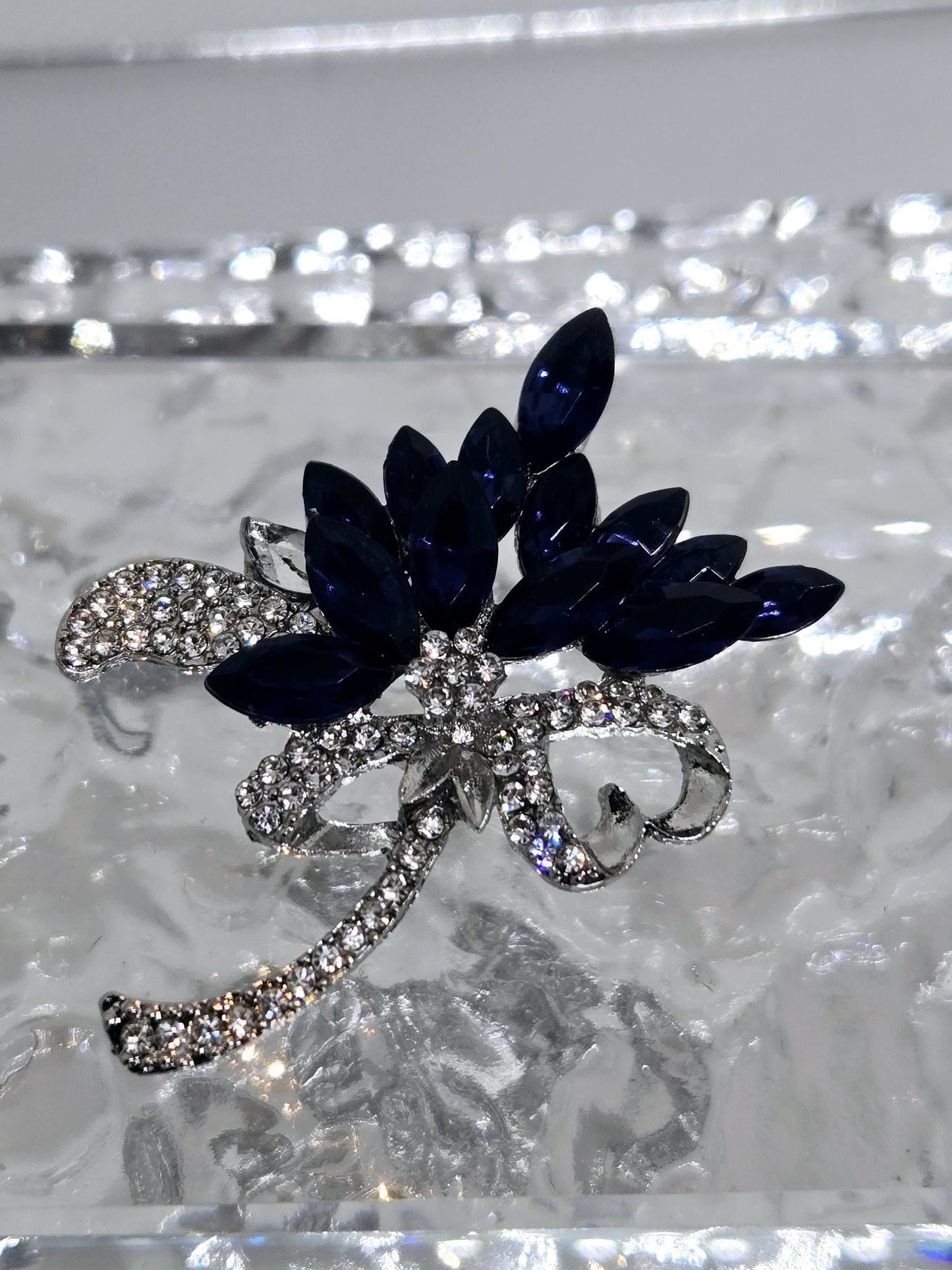 Silver Plated Sapphire Flower Brooch