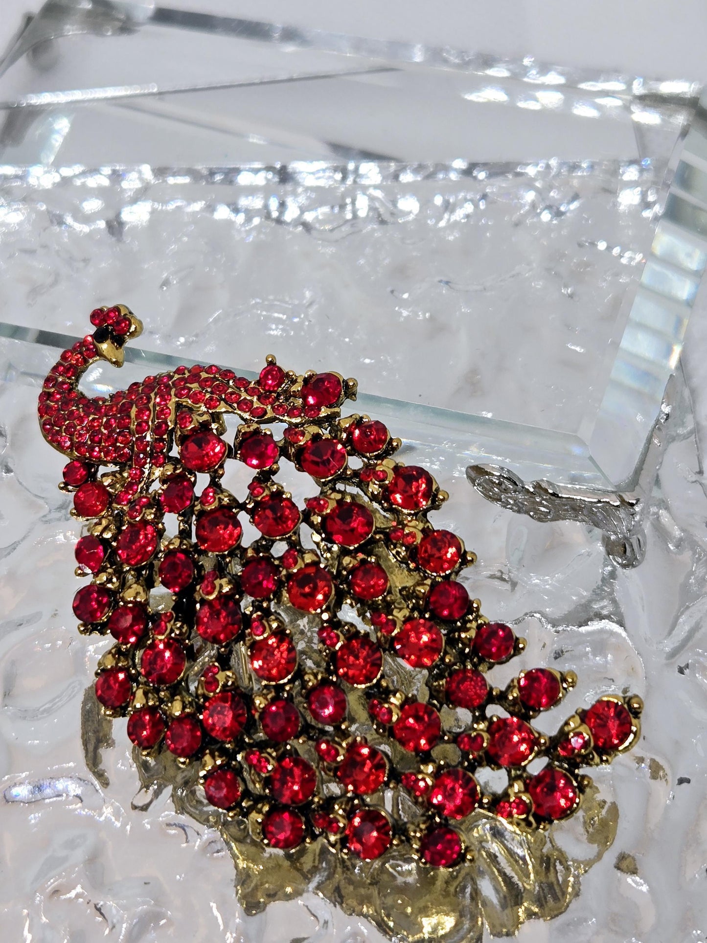 Golden Plate Red Rhinestone Peacock Brooch