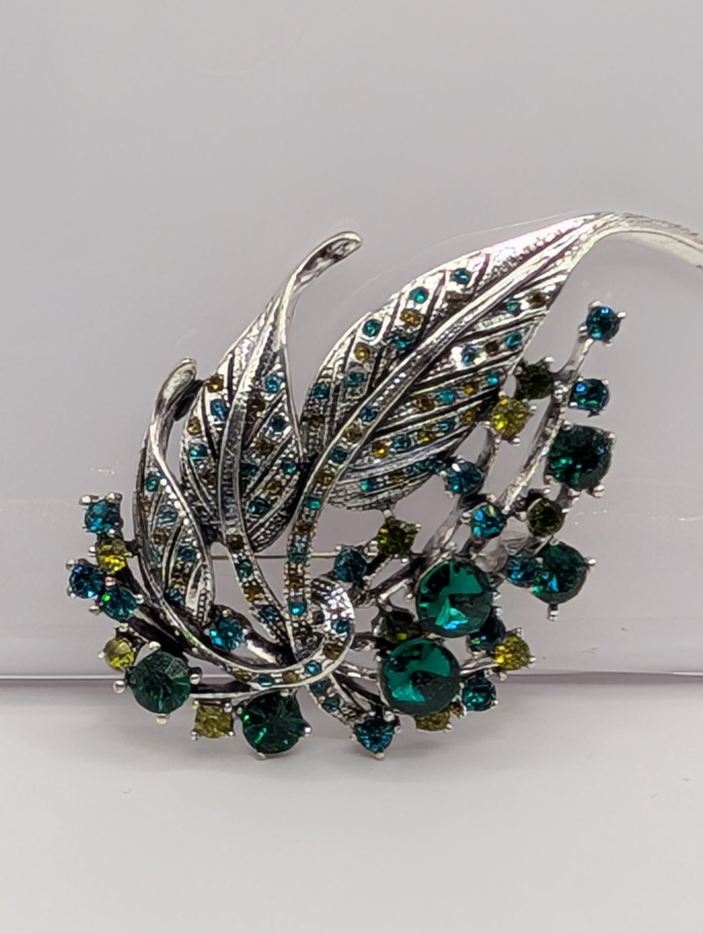 Silver Plated Green Feather Brooch