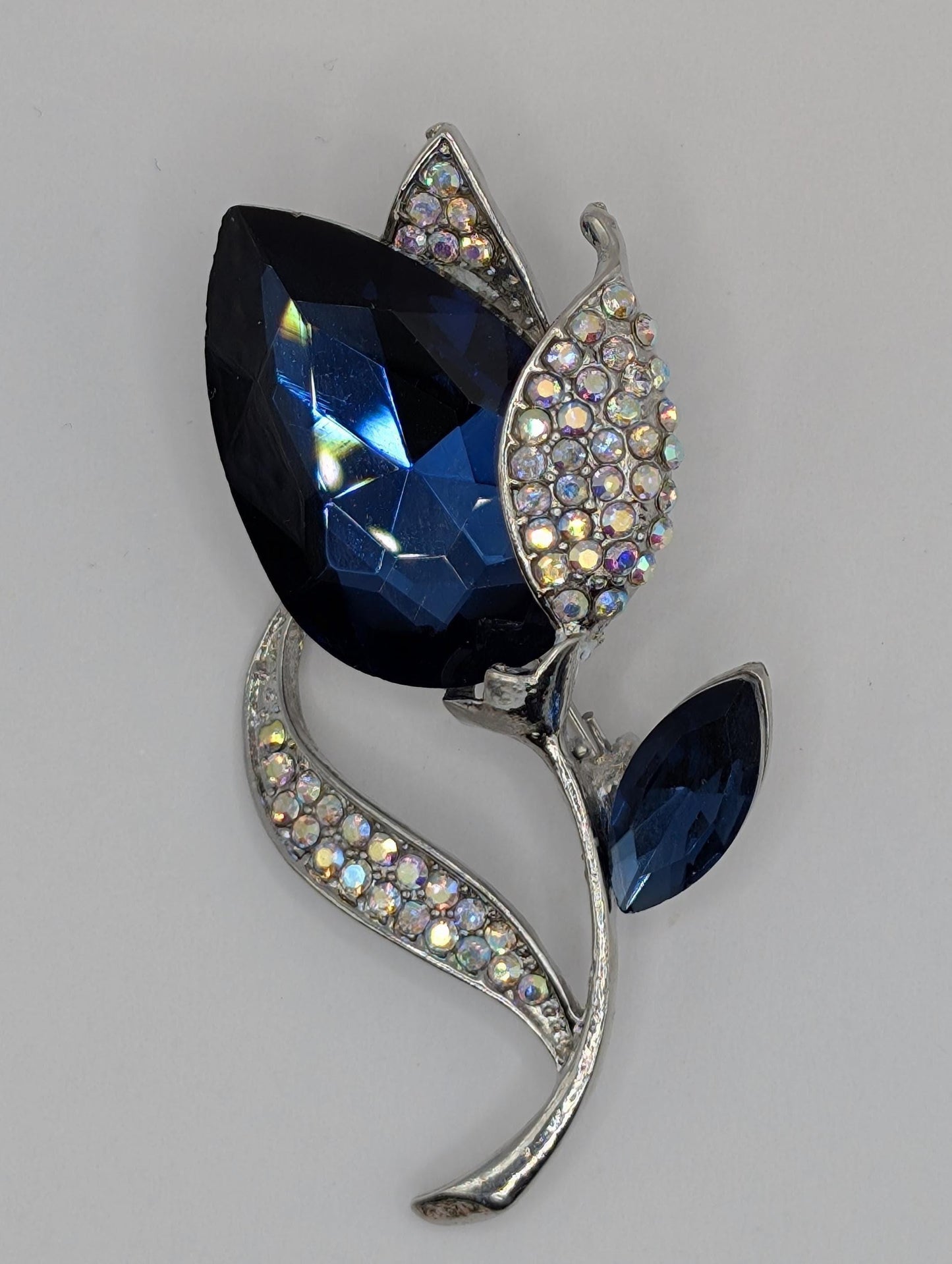 Silver Plated Sapphire Blue Tulip Brooch