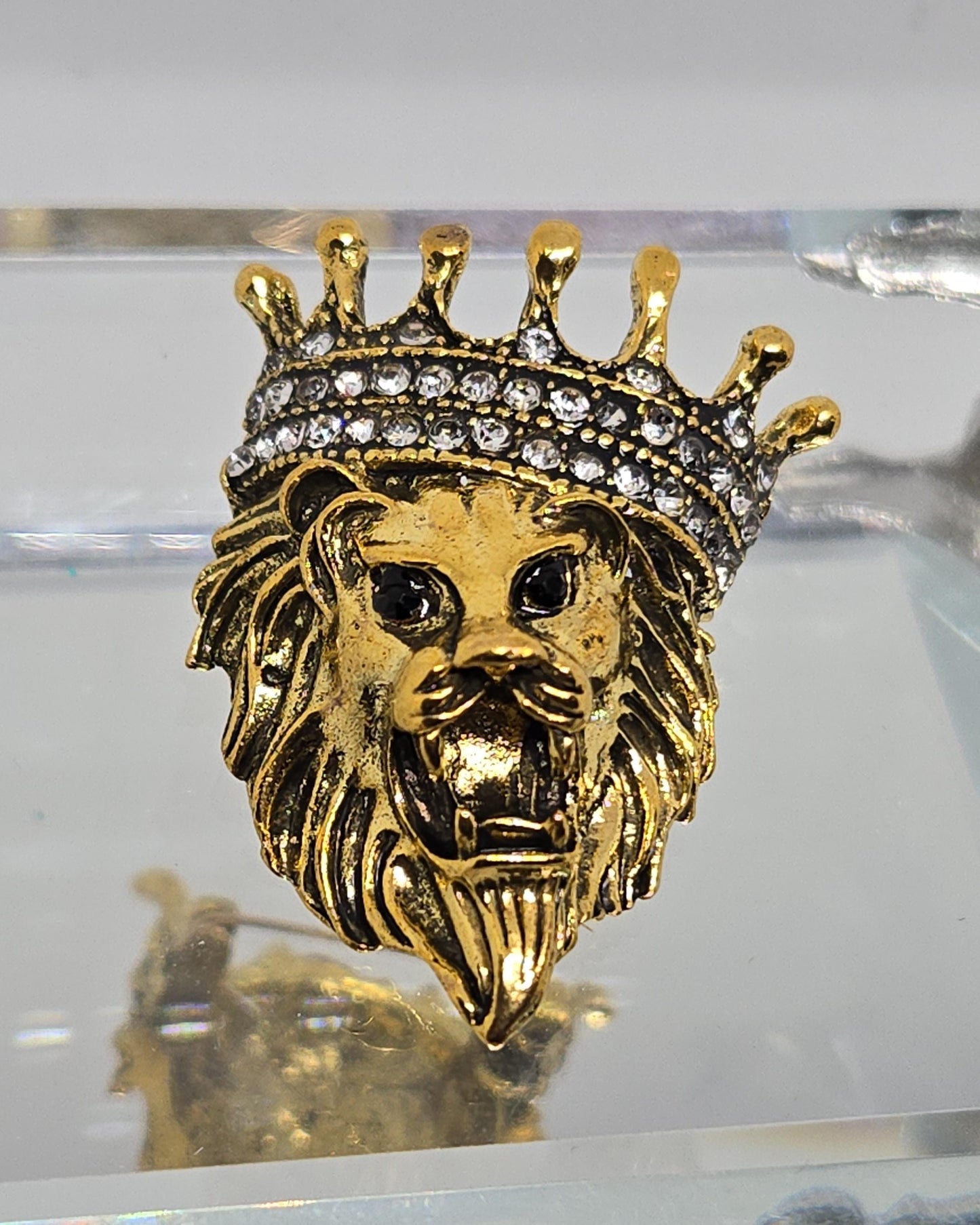 Golden Plate Lion with a Crown CZ Brooch
