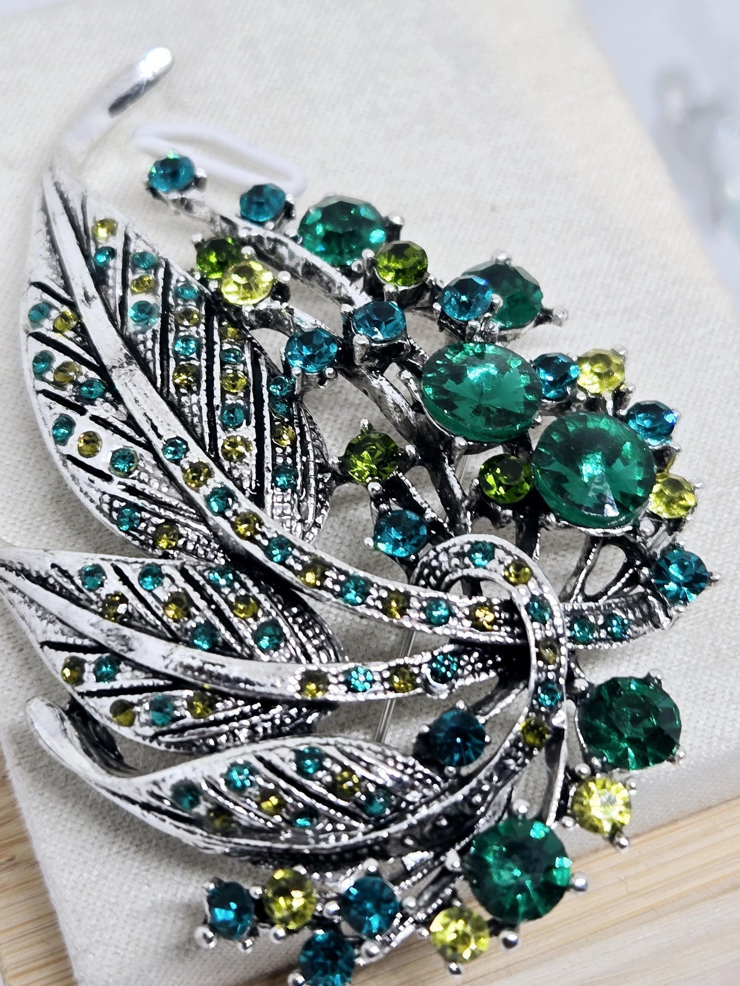 Silver Plated Green Feather Brooch