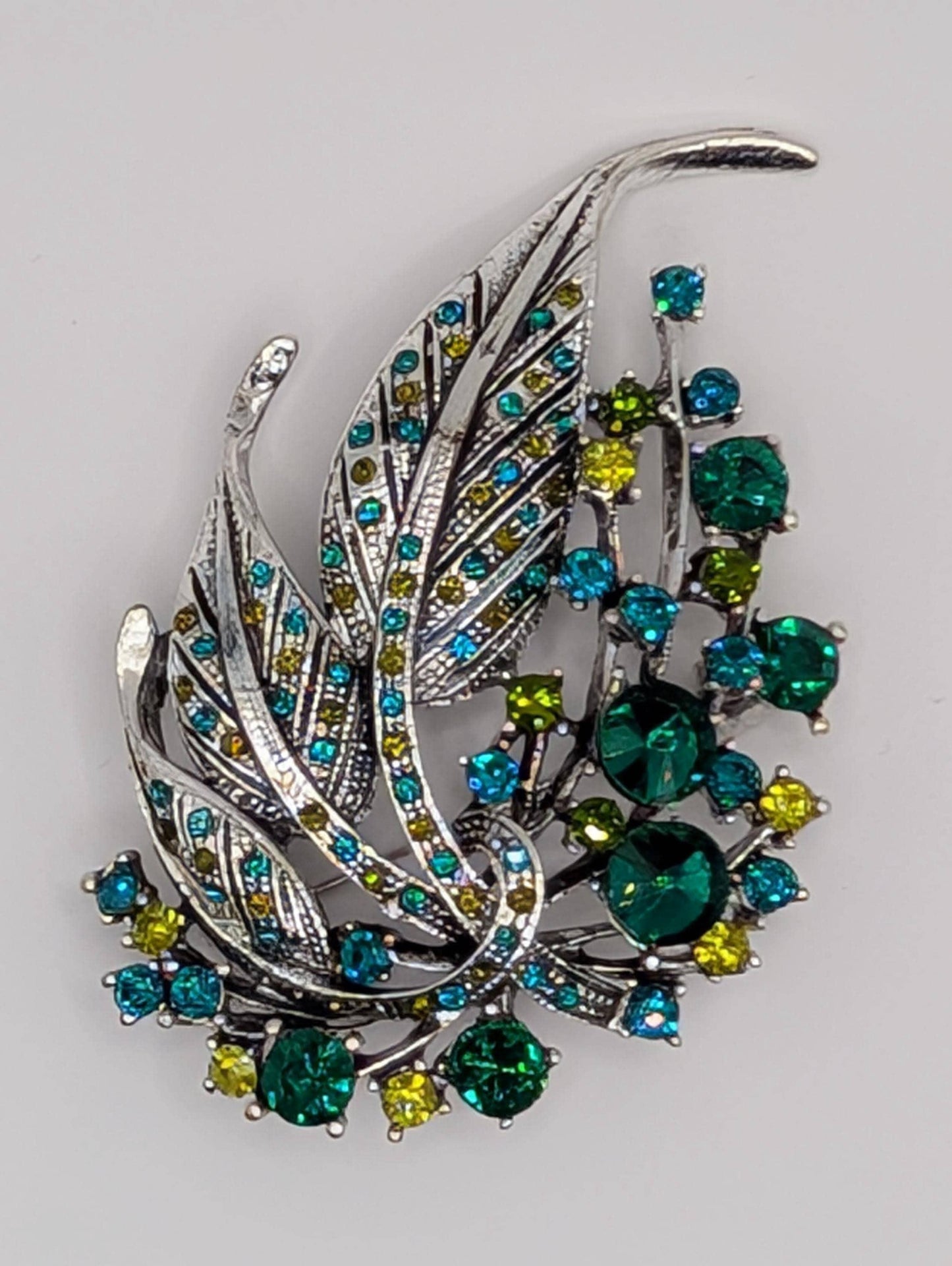 Silver Plated Green Feather Brooch