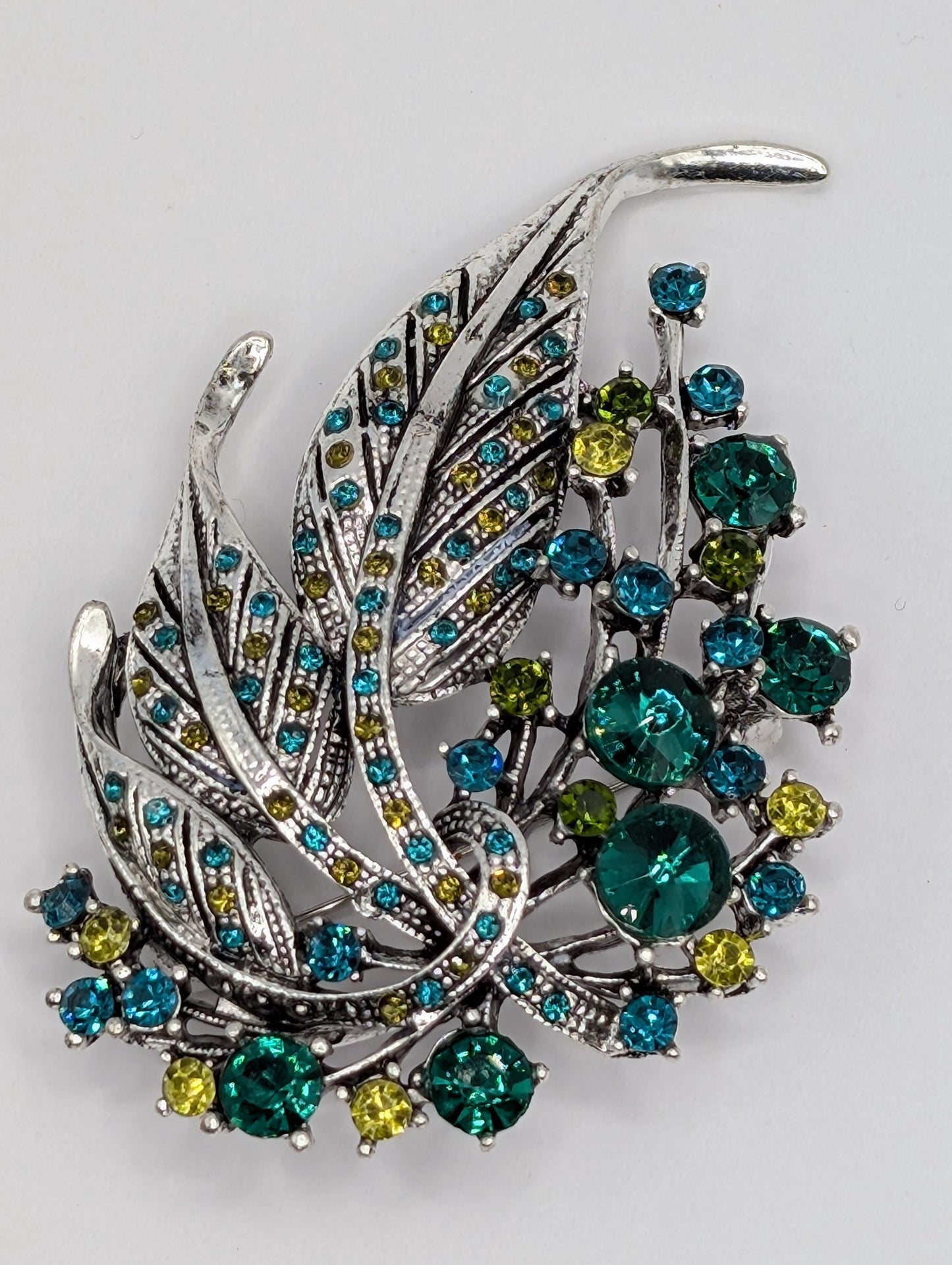 Silver Plated Green Feather Brooch