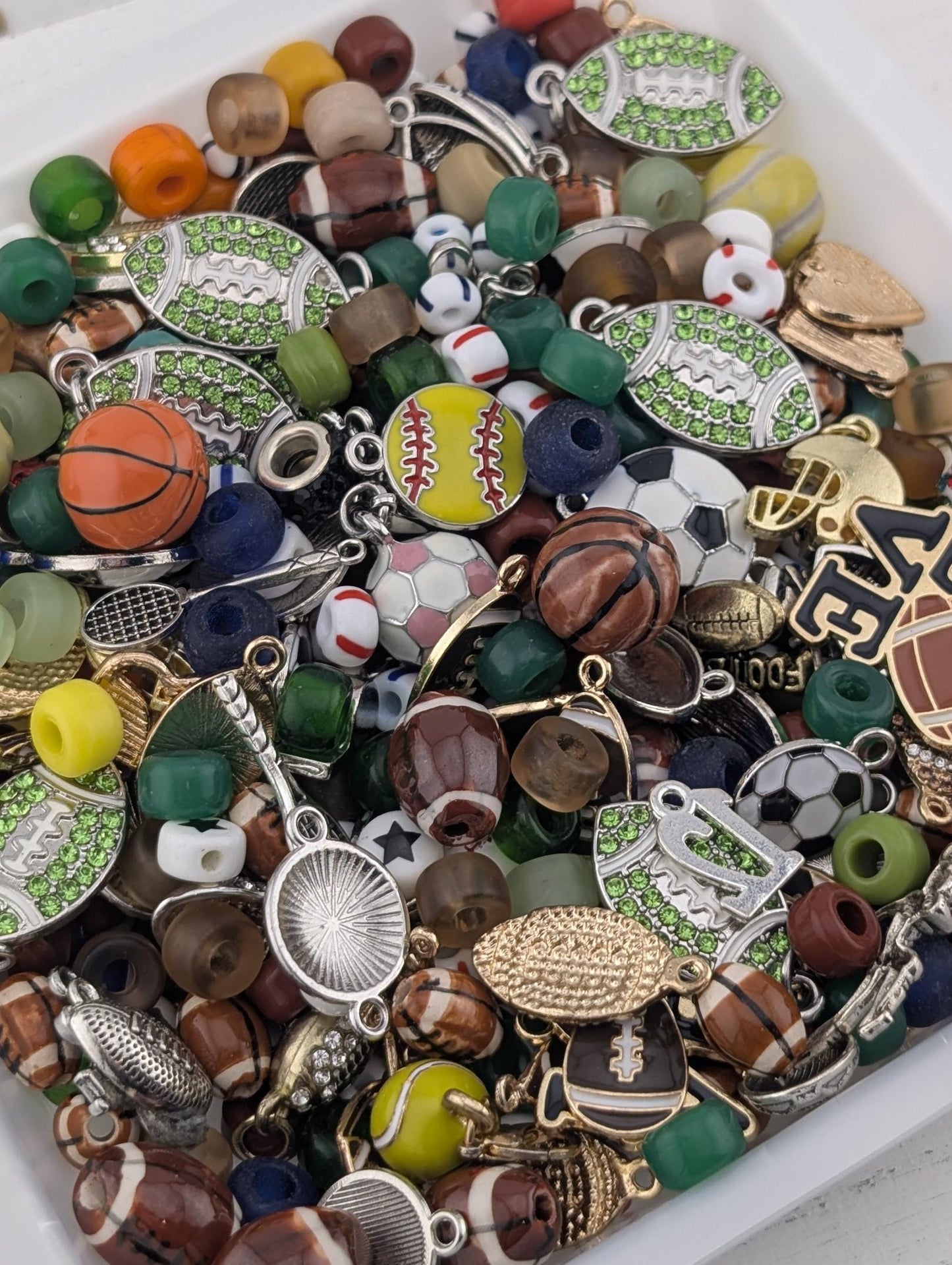 Sports Theme Charm & Glass Bead Soup: ALL Beads are GLASS DIY Jewelry Making Supplies (56g Pkg)
