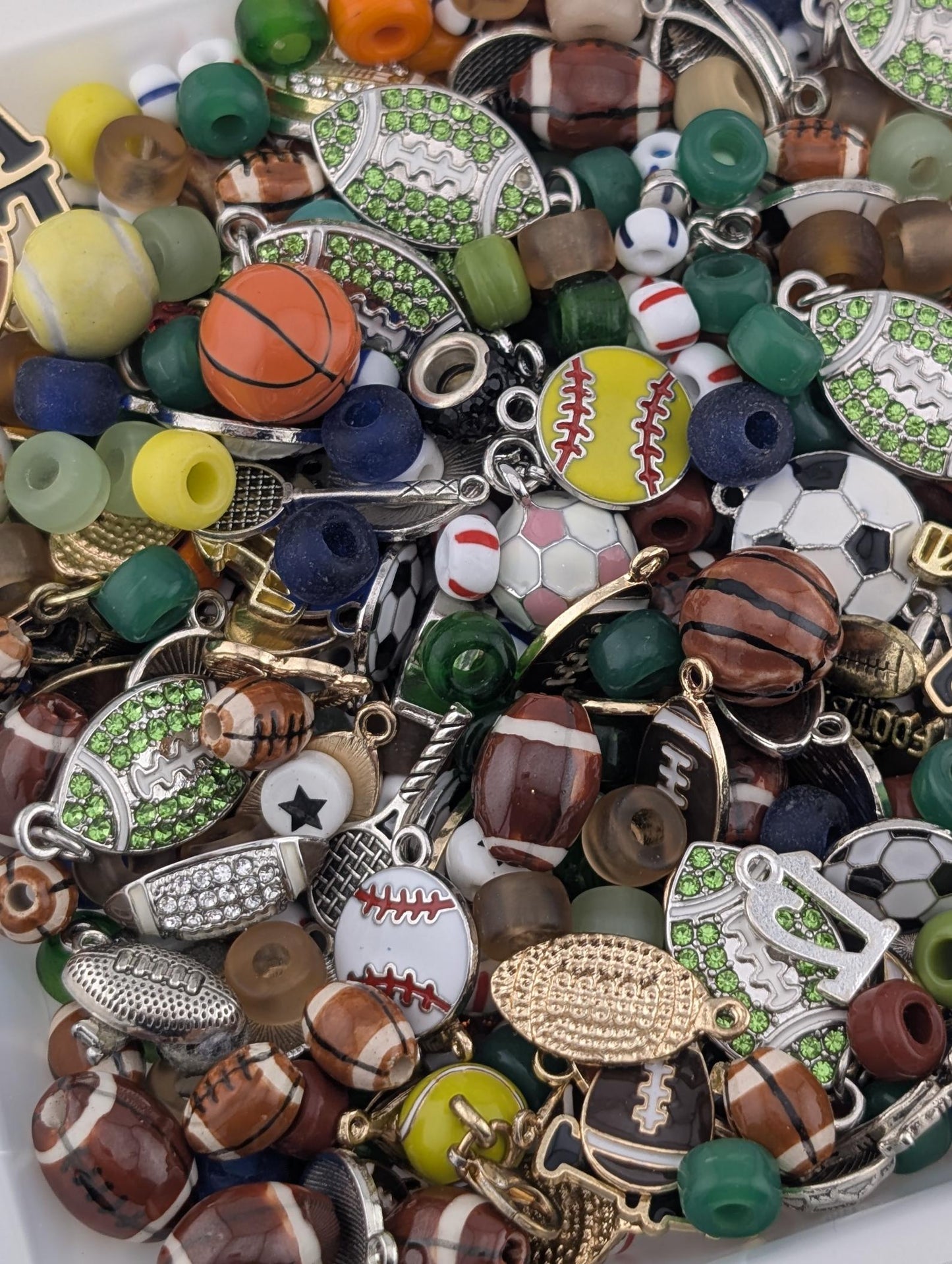 Sports Theme Charm & Glass Bead Soup: ALL Beads are GLASS DIY Jewelry Making Supplies (56g Pkg)