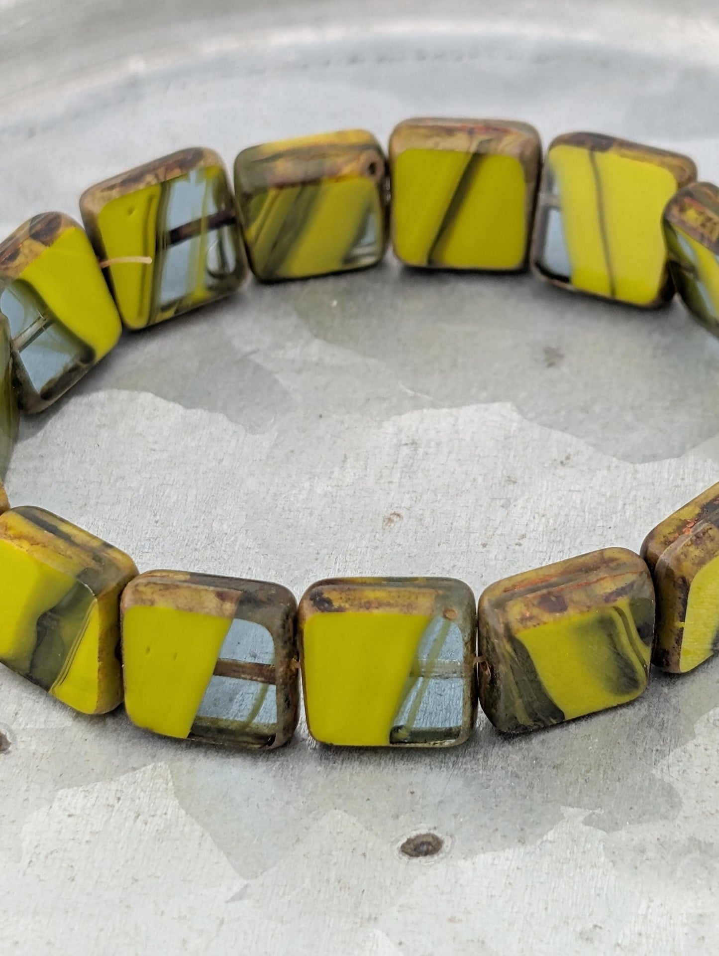 10mm Czech Glass Table Cut Square Swirl Beads | Boho Jewelry Making Supply | Tile-Shaped Craft Beads | Chartreuse Swirl | 15 pcs