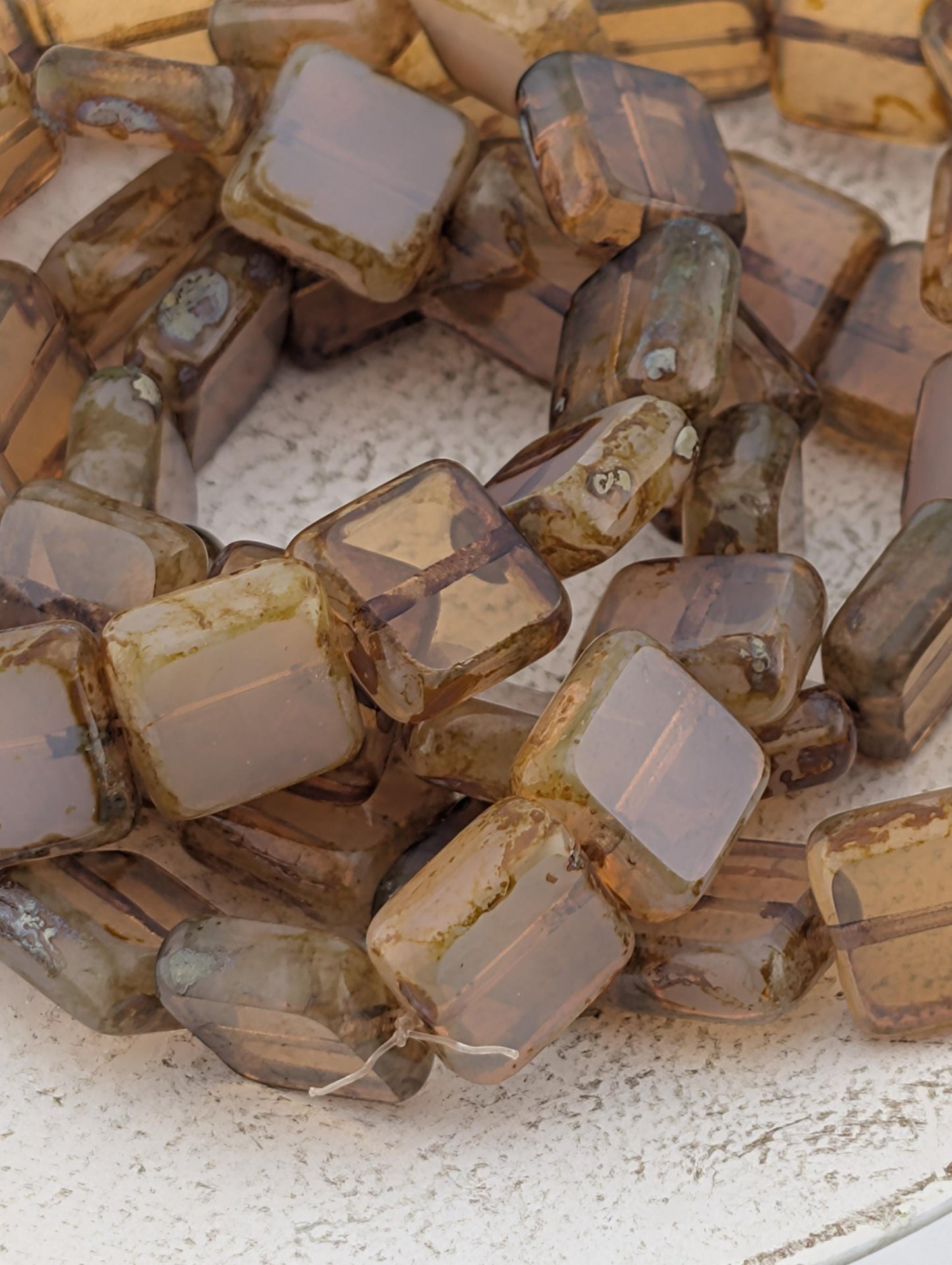 10mm Czech Glass Table Cut Square Milky Picasso Beads | Boho Jewelry Making Supply | Tile-Shaped Craft Beads | Khakhi Swirl | 15 pcs