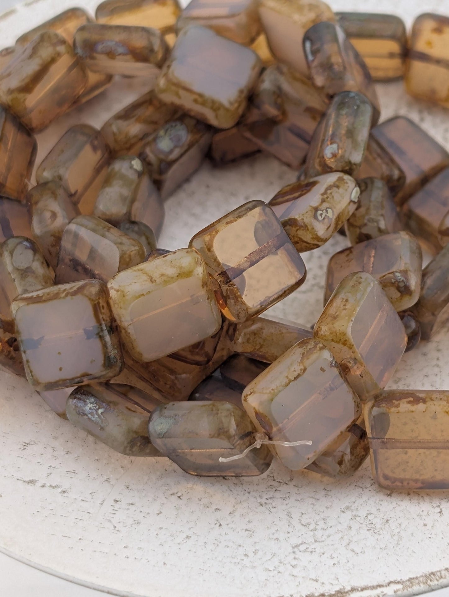 10mm Czech Glass Table Cut Square Milky Picasso Beads | Boho Jewelry Making Supply | Tile-Shaped Craft Beads | Khakhi Swirl | 15 pcs