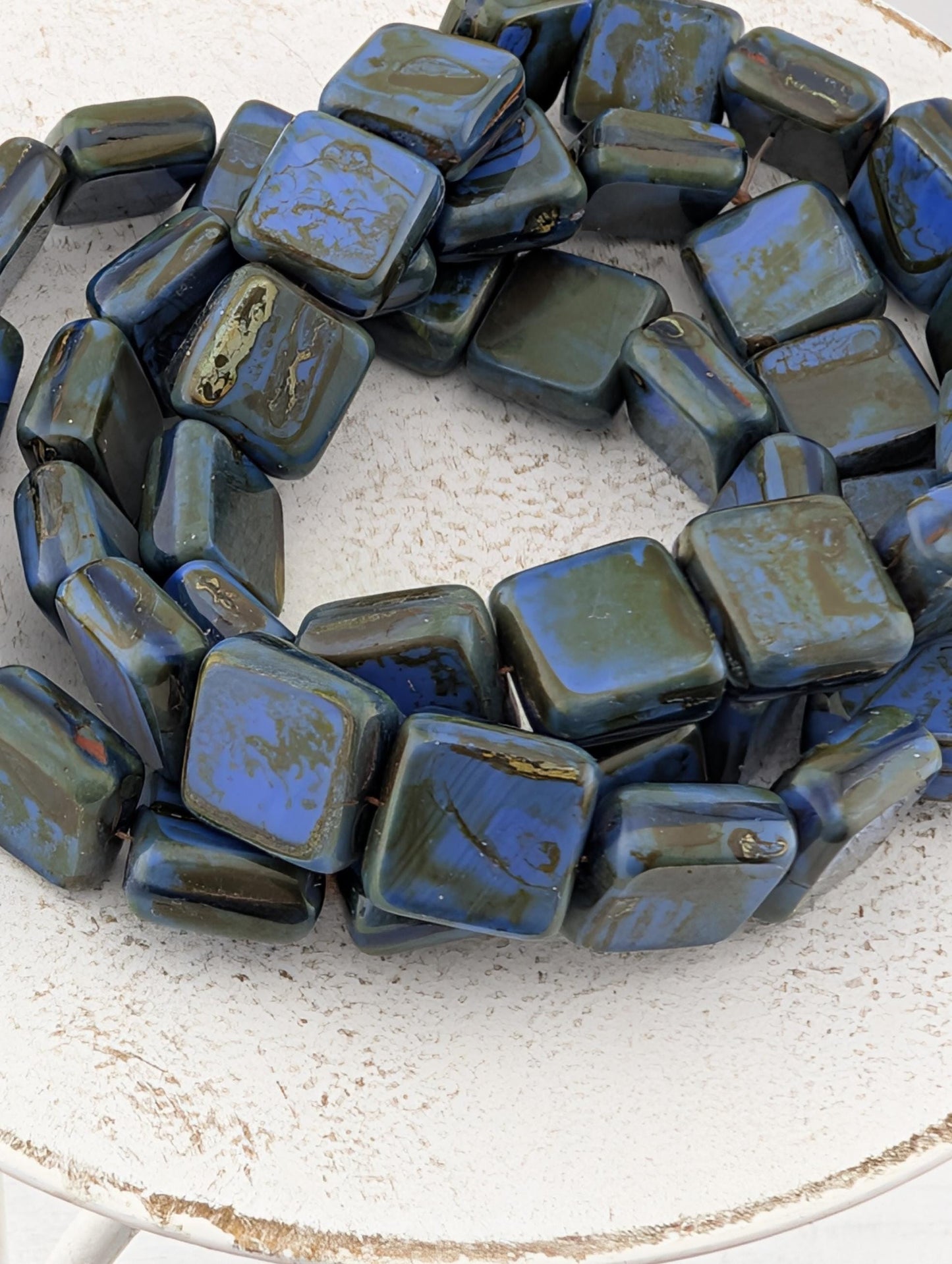 10mm Czech Glass Table Cut Square Milky Picasso Beads | Boho Jewelry Making Supply | Tile-Shaped Craft Beads | Khakhi Swirl | 15 pcs