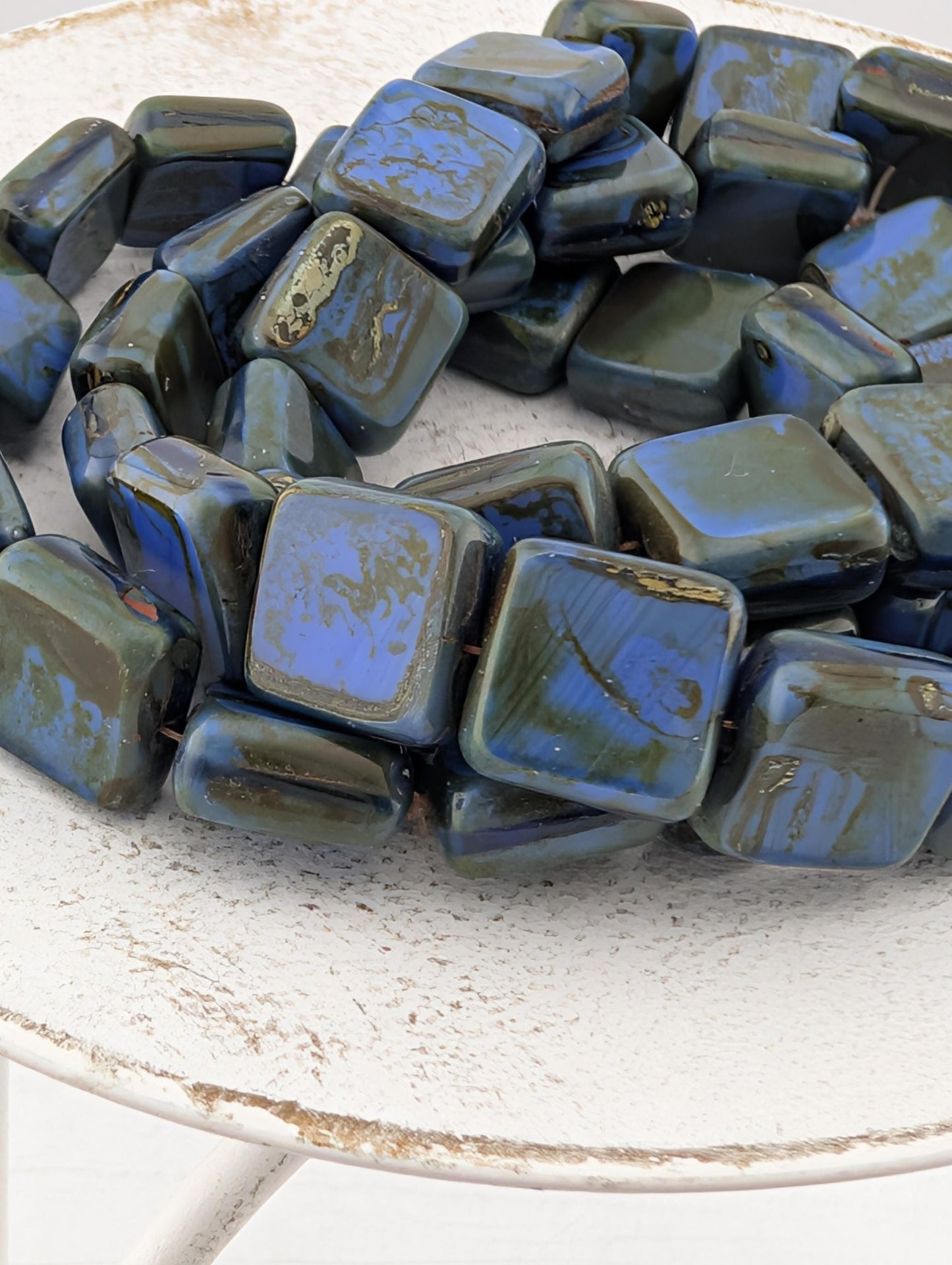 10mm Czech Glass Table Cut Square Milky Picasso Beads | Boho Jewelry Making Supply | Tile-Shaped Craft Beads | Khakhi Swirl | 15 pcs
