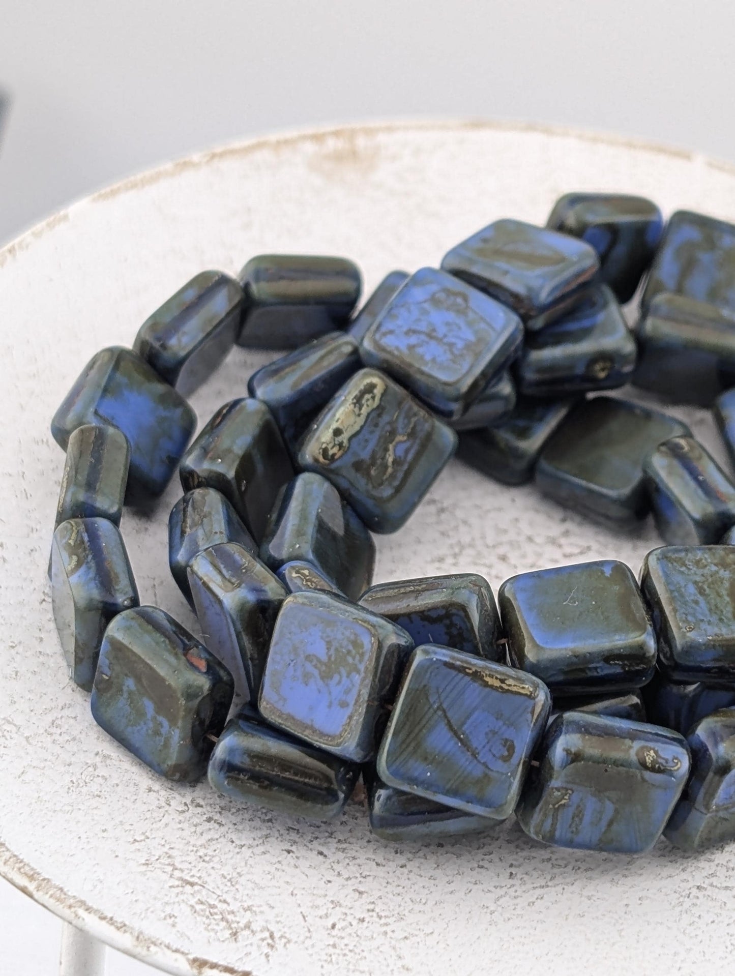 10mm Czech Glass Table Cut Square Milky Picasso Beads | Boho Jewelry Making Supply | Tile-Shaped Craft Beads | Khakhi Swirl | 15 pcs