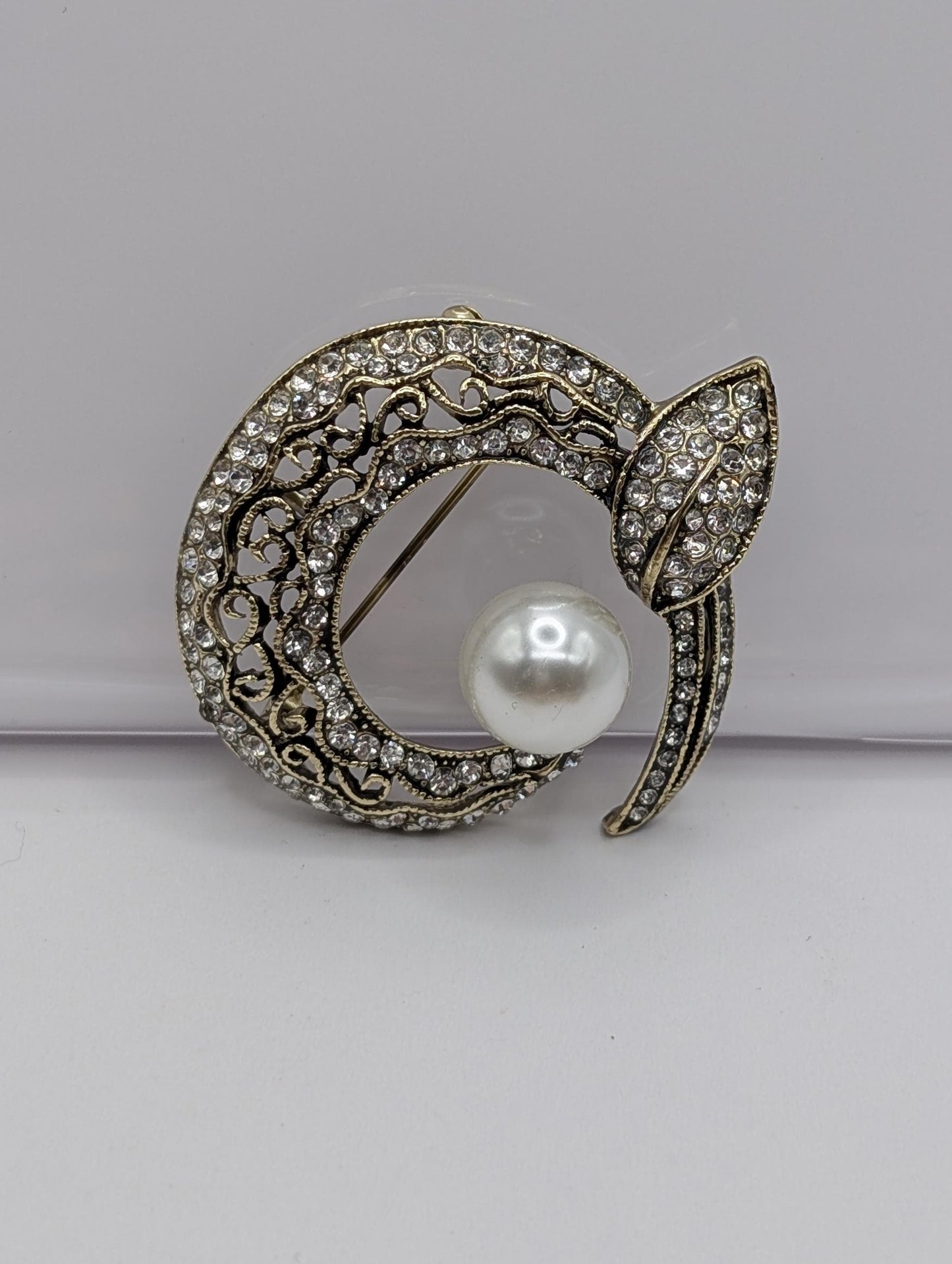 Golden Crescent Pearl Brooch