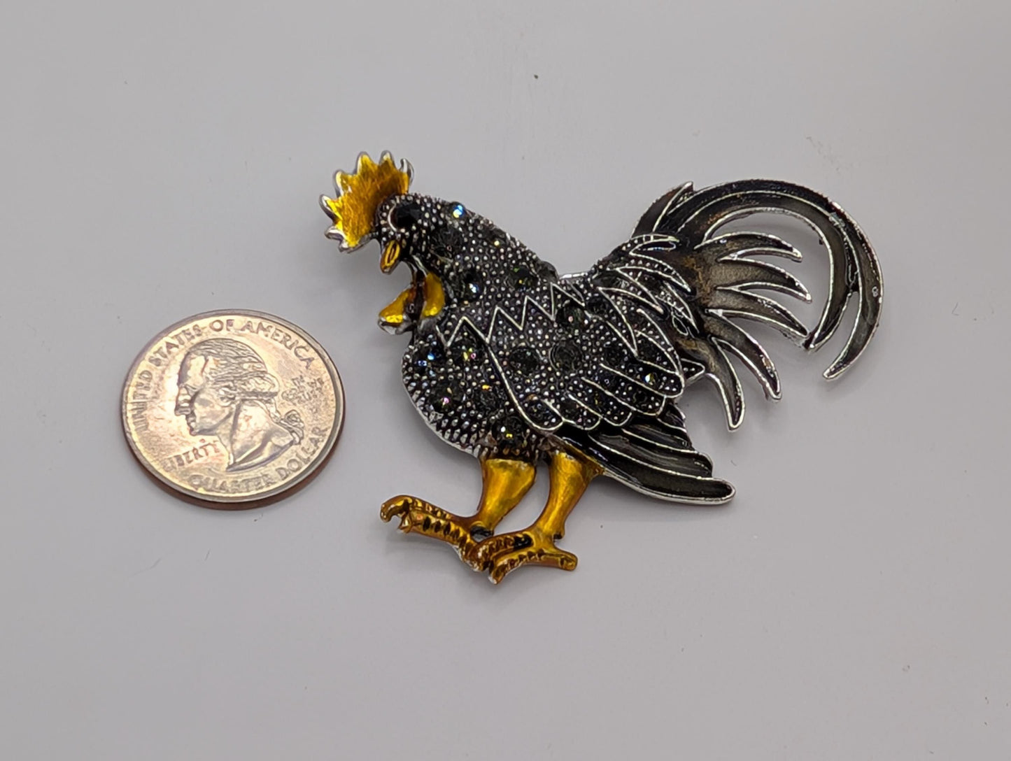 Silver Plated Orange and Black Rooster Brooch