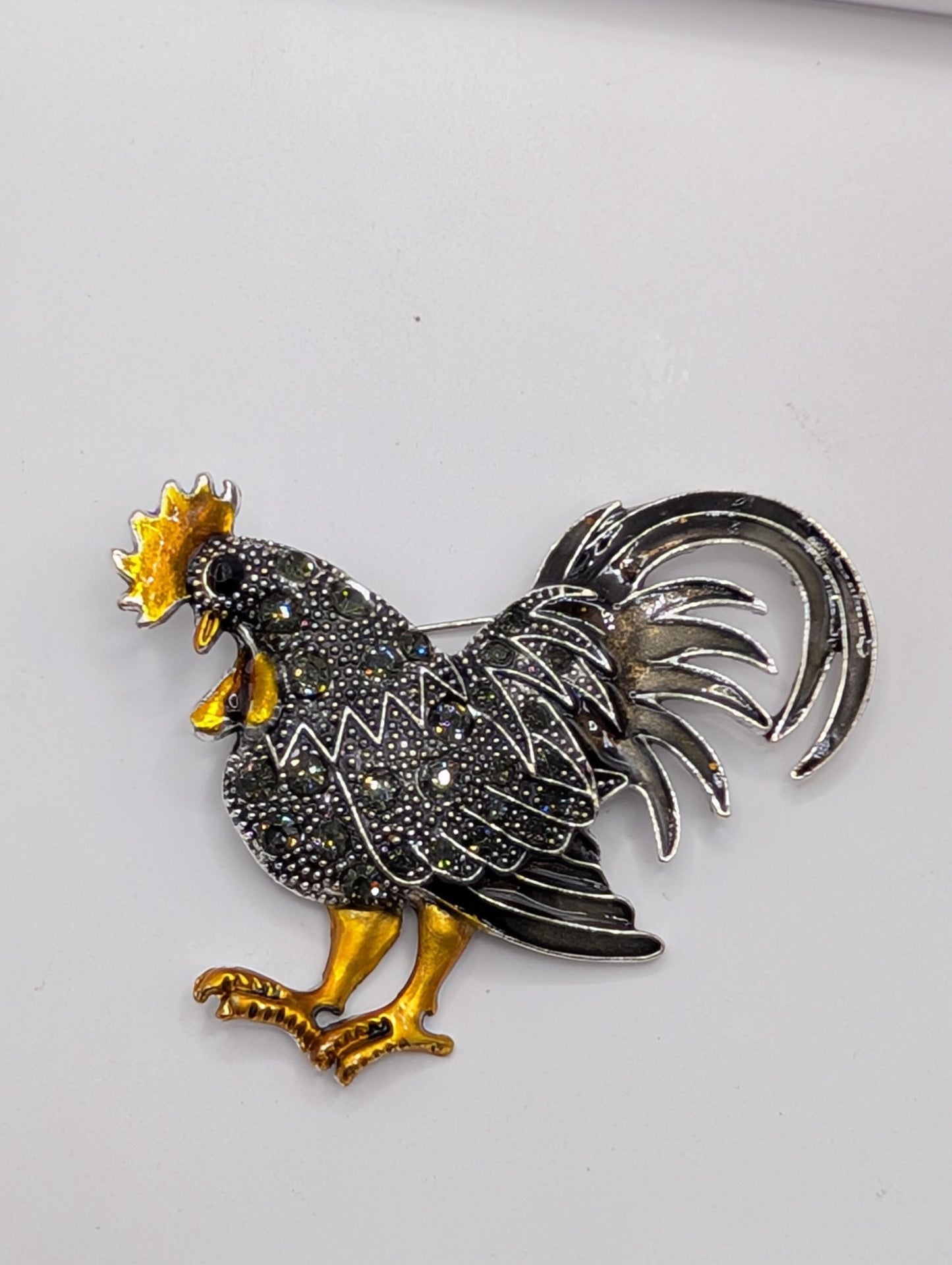 Silver Plated Orange and Black Rooster Brooch