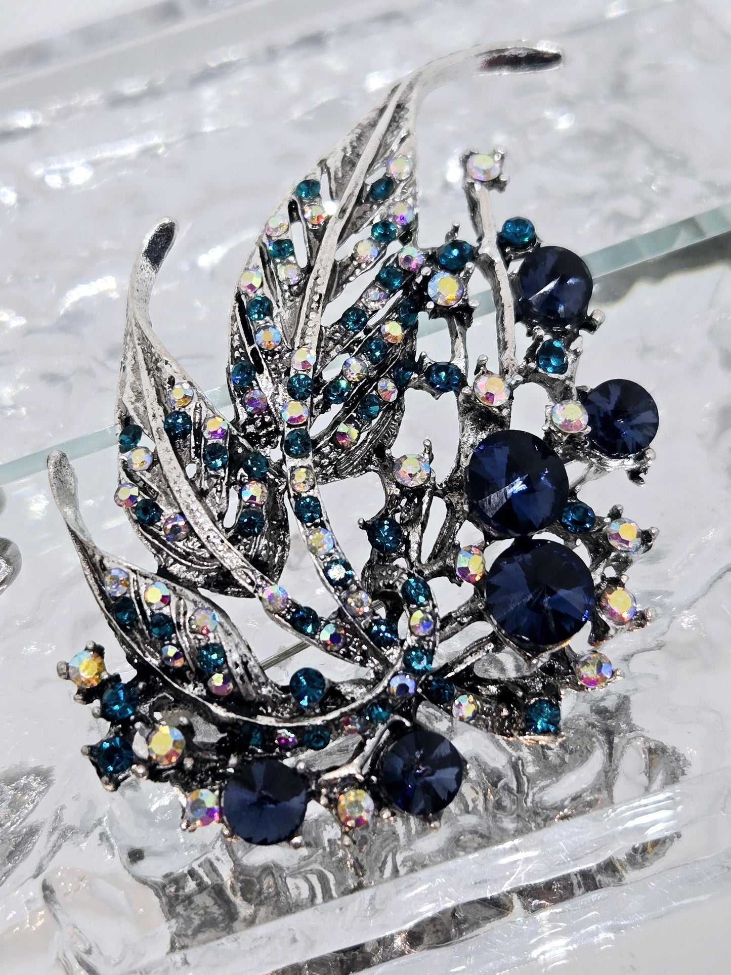 Silver Plated Sapphire Feather Brooch