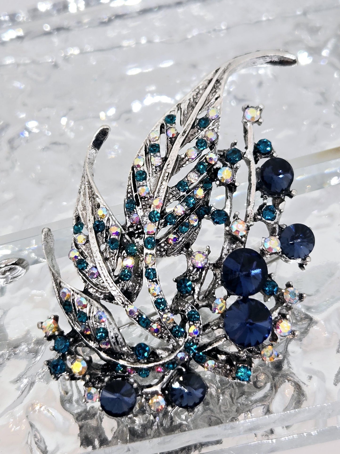 Silver Plated Sapphire Feather Brooch