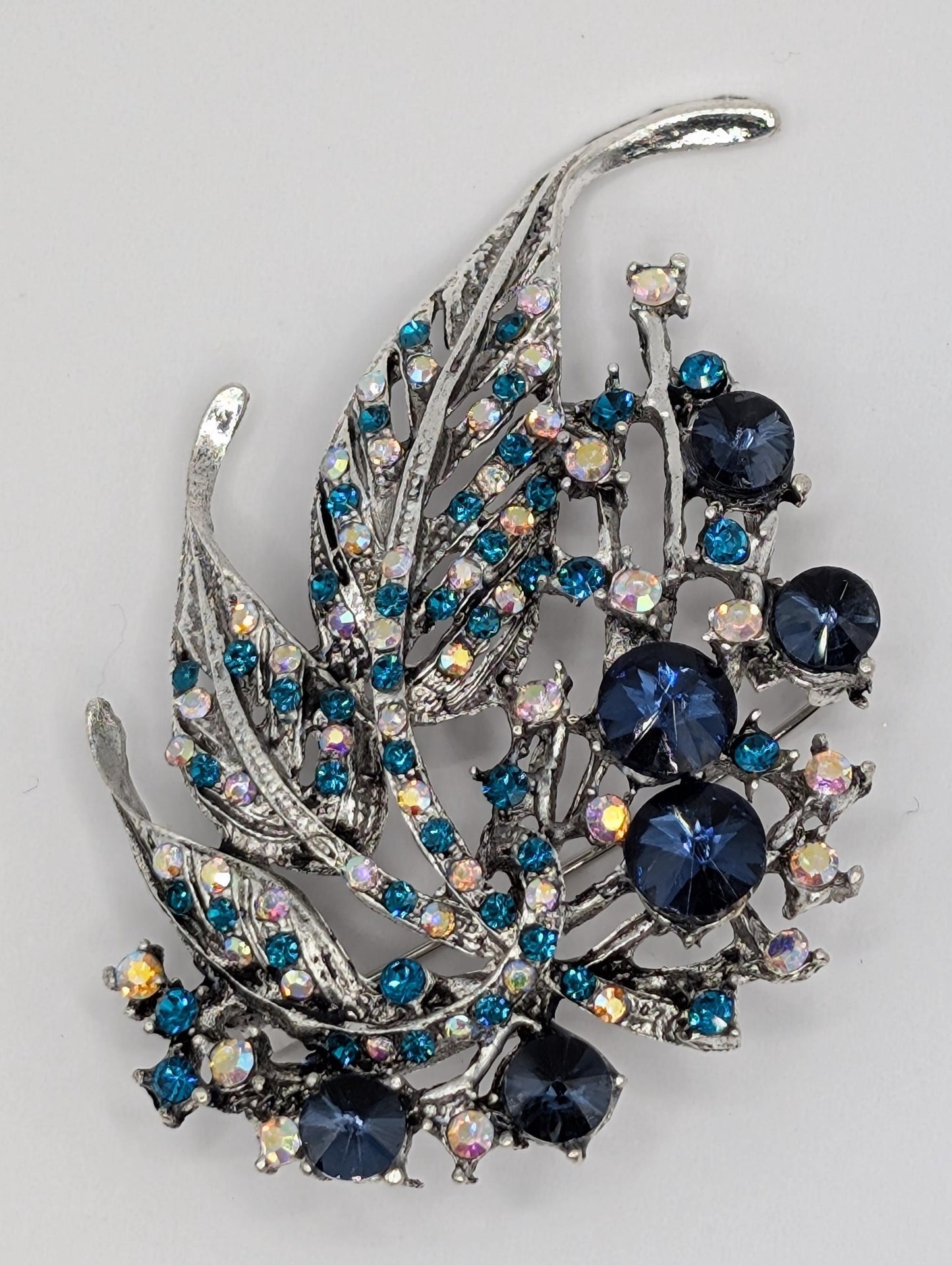 Silver Plated Sapphire Feather Brooch