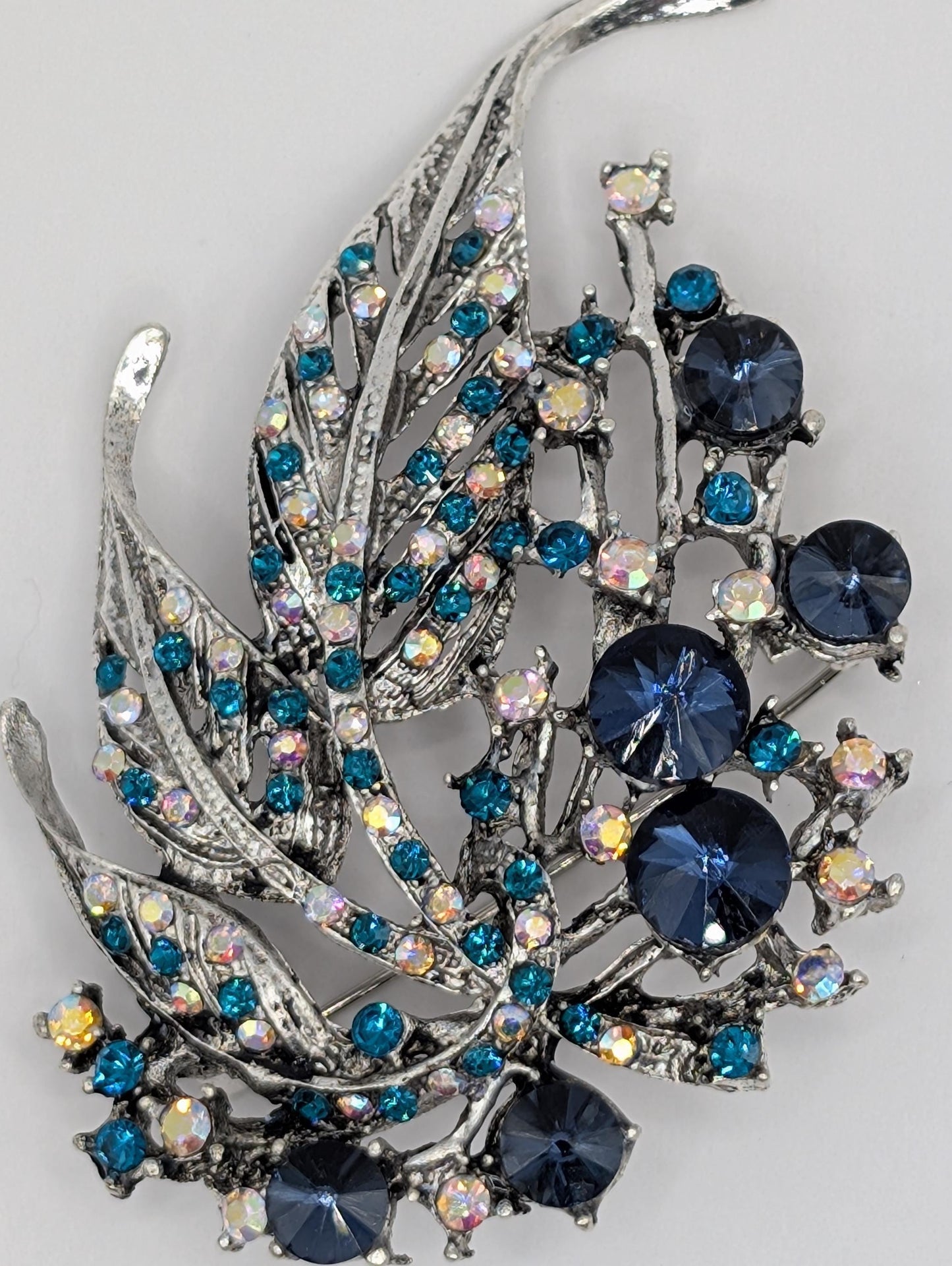 Silver Plated Sapphire Feather Brooch