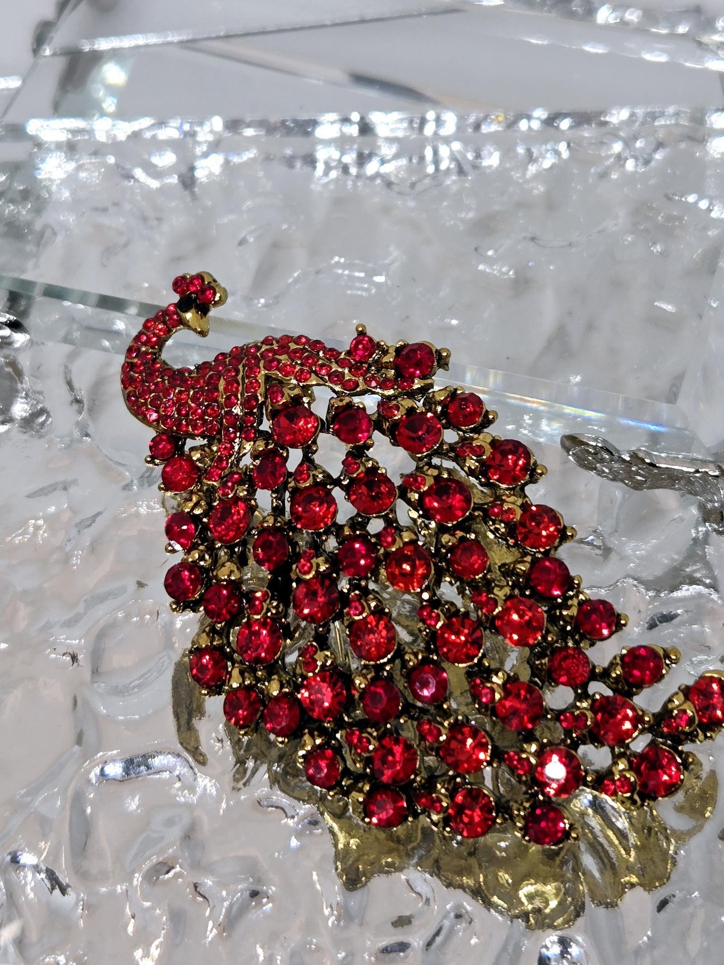 Golden Plate Red Rhinestone Peacock Brooch