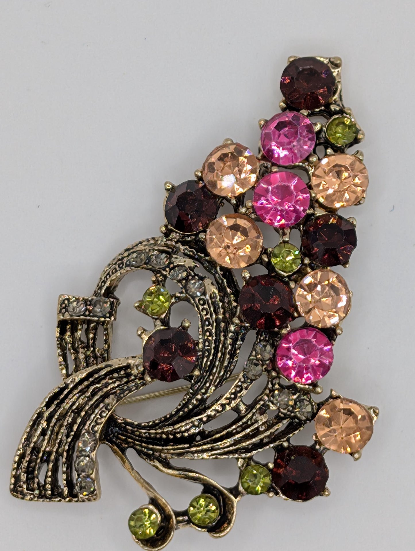 Gold Plated Cornicopia Purple/Pink Green Brooch
