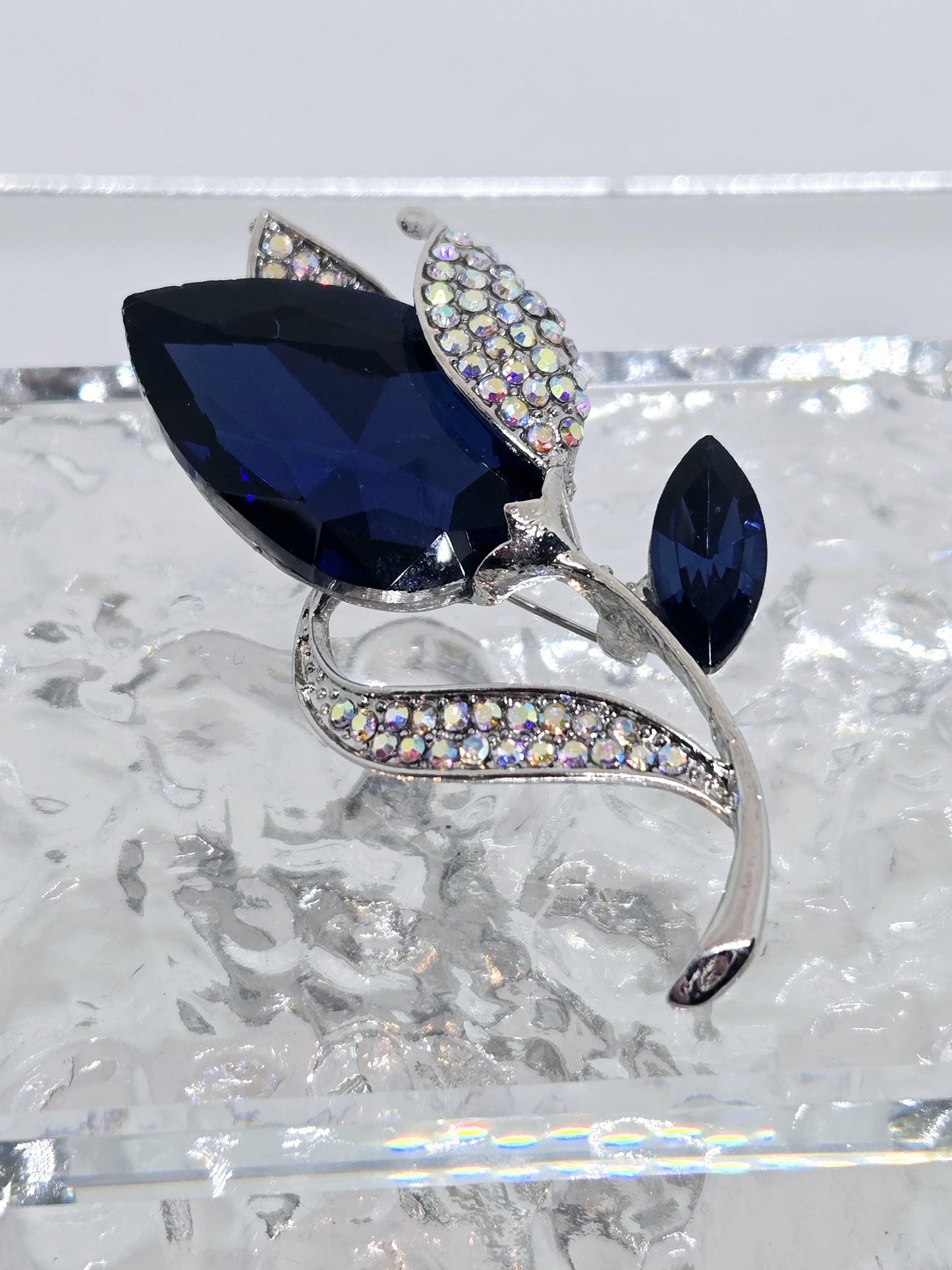 Silver Plated Sapphire Blue Tulip Brooch