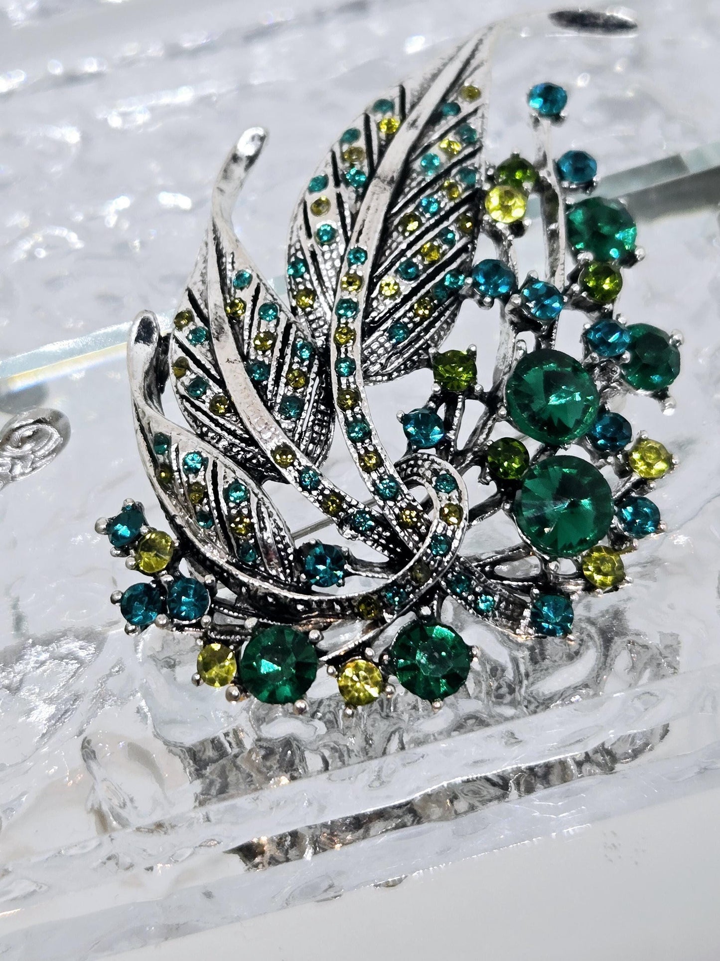 Silver Plated Green Feather Brooch