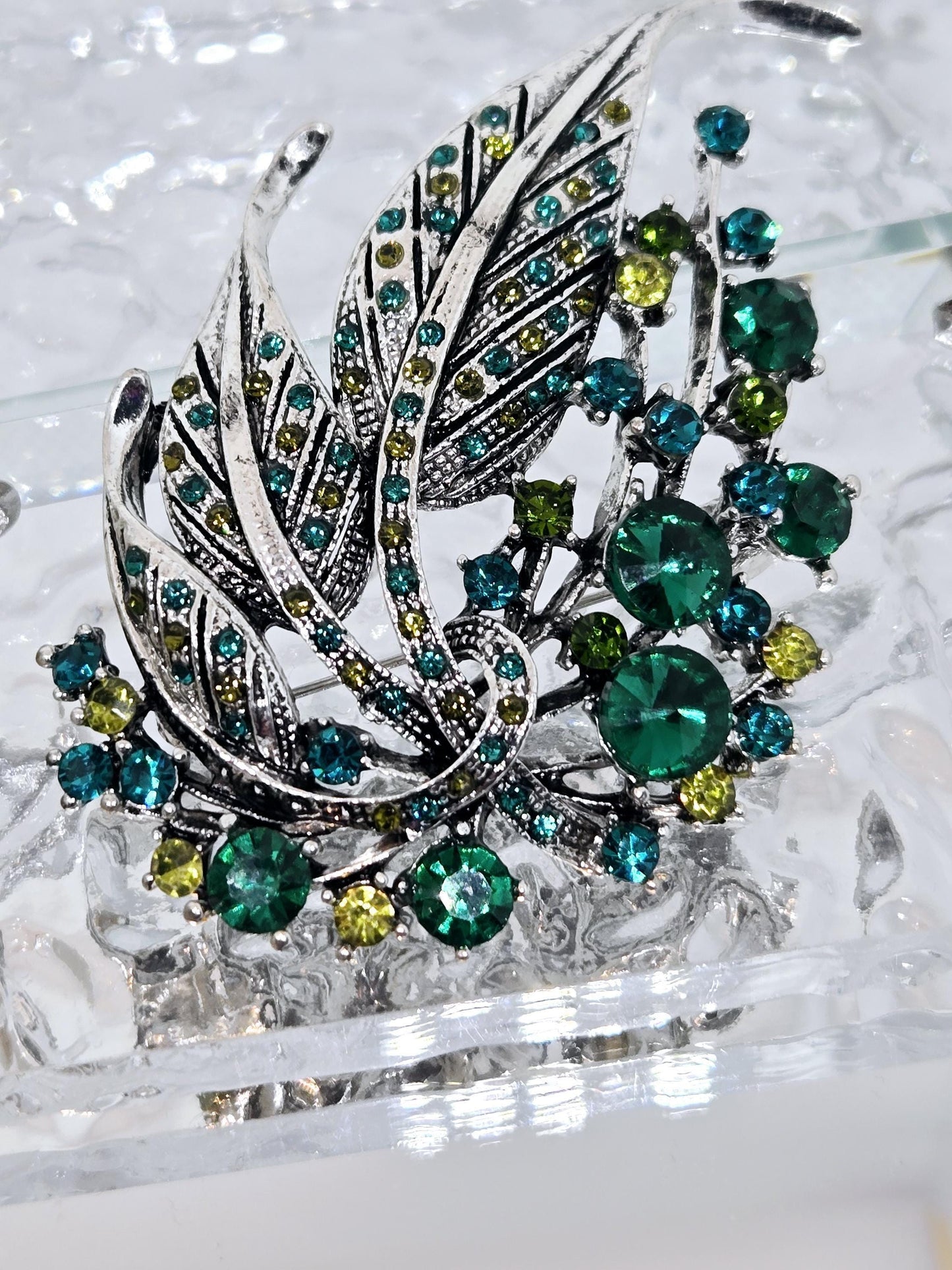Silver Plated Green Feather Brooch