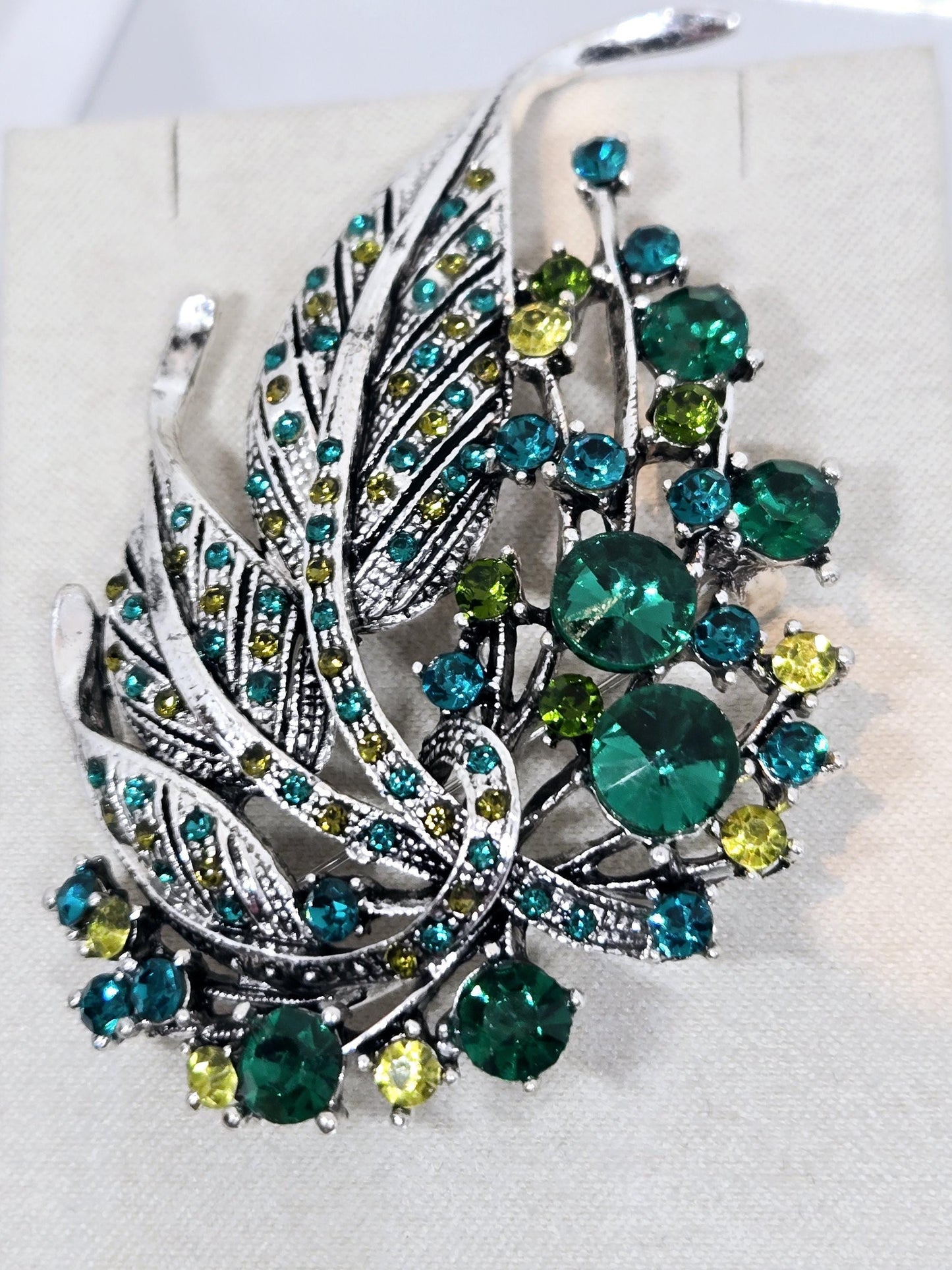Silver Plated Green Feather Brooch