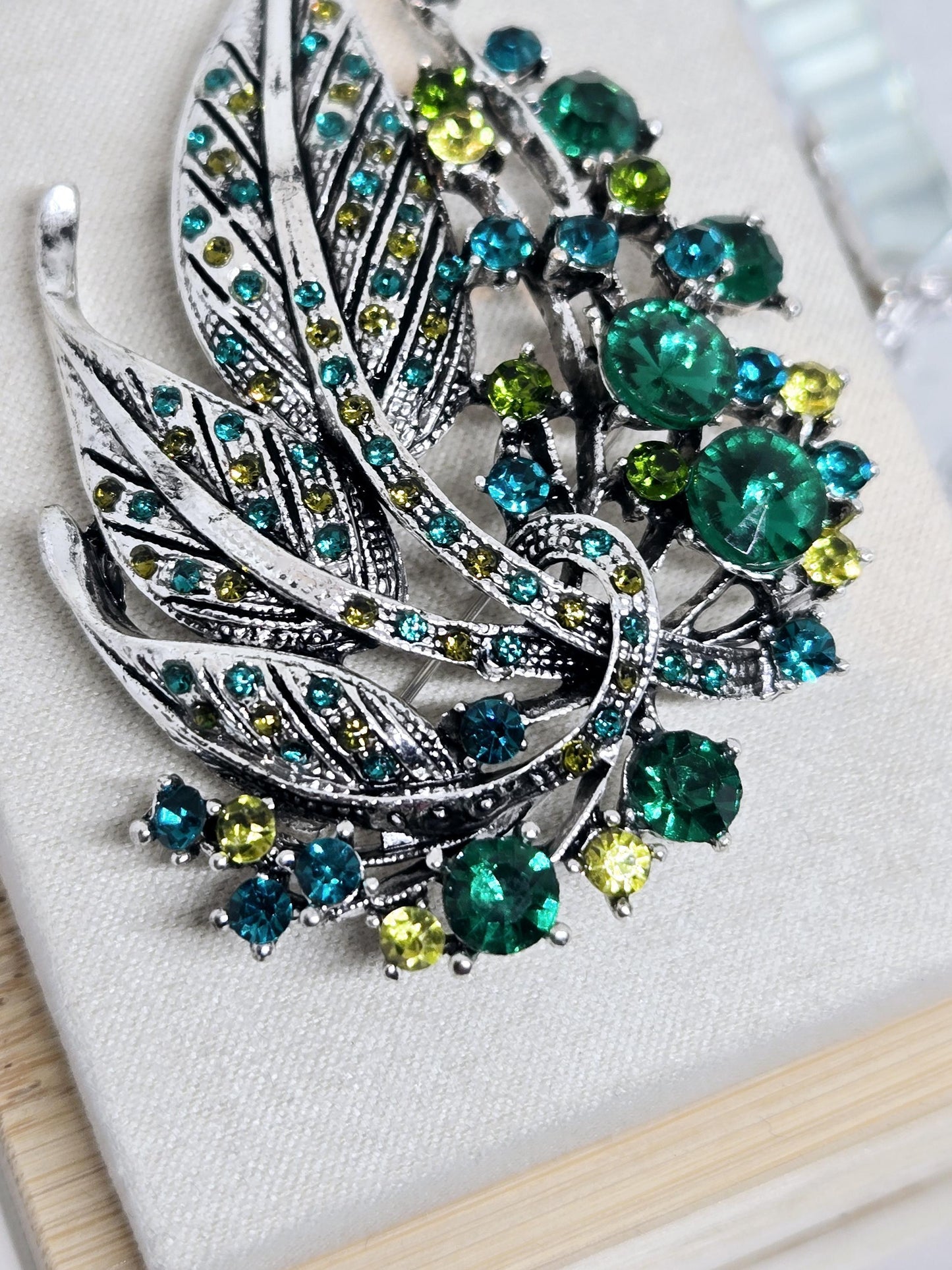 Silver Plated Green Feather Brooch