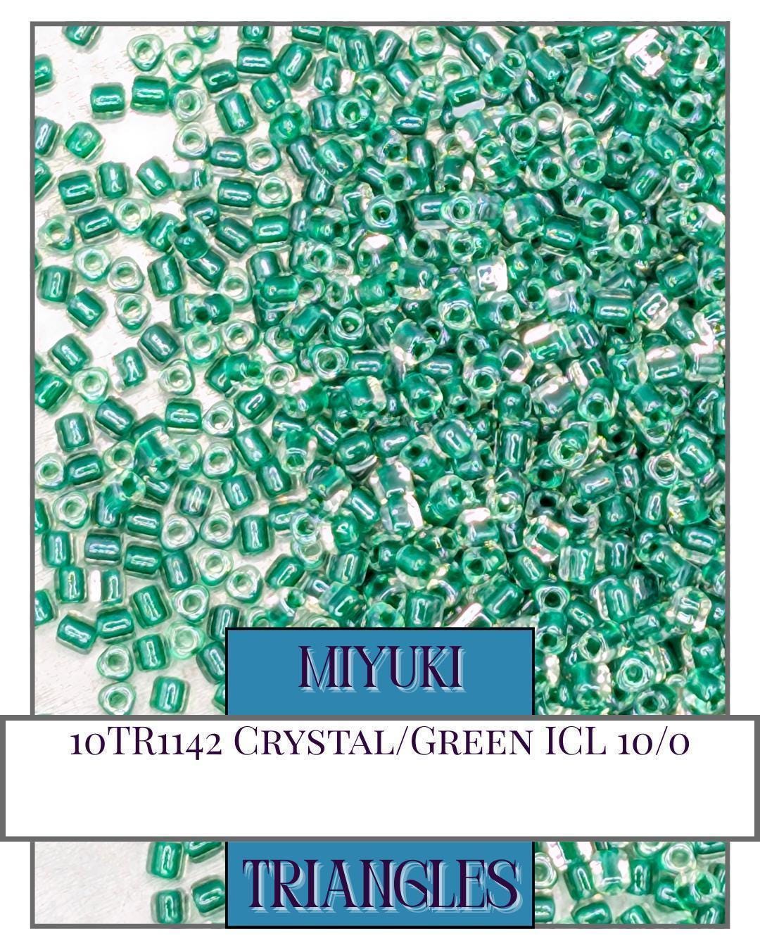 10TR1142-Miyuki Triangle Beads:Crystal/Green ICL (10g pkg)