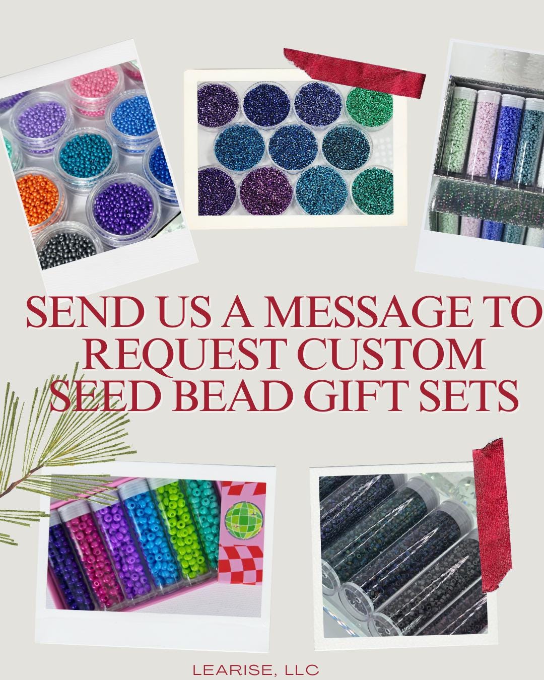 The image is a collage of various seed bead gift sets, including different colored beads and containers, along with a message encouraging people to request custom seed bead gift sets.