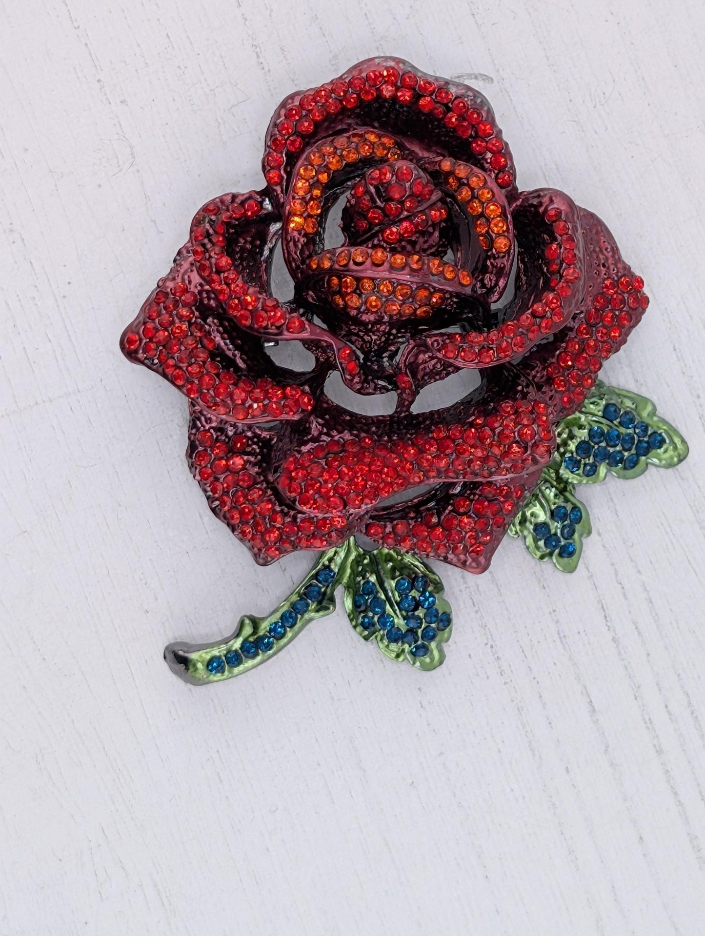 Gold Plated Red Rhinestone Rose Brooch