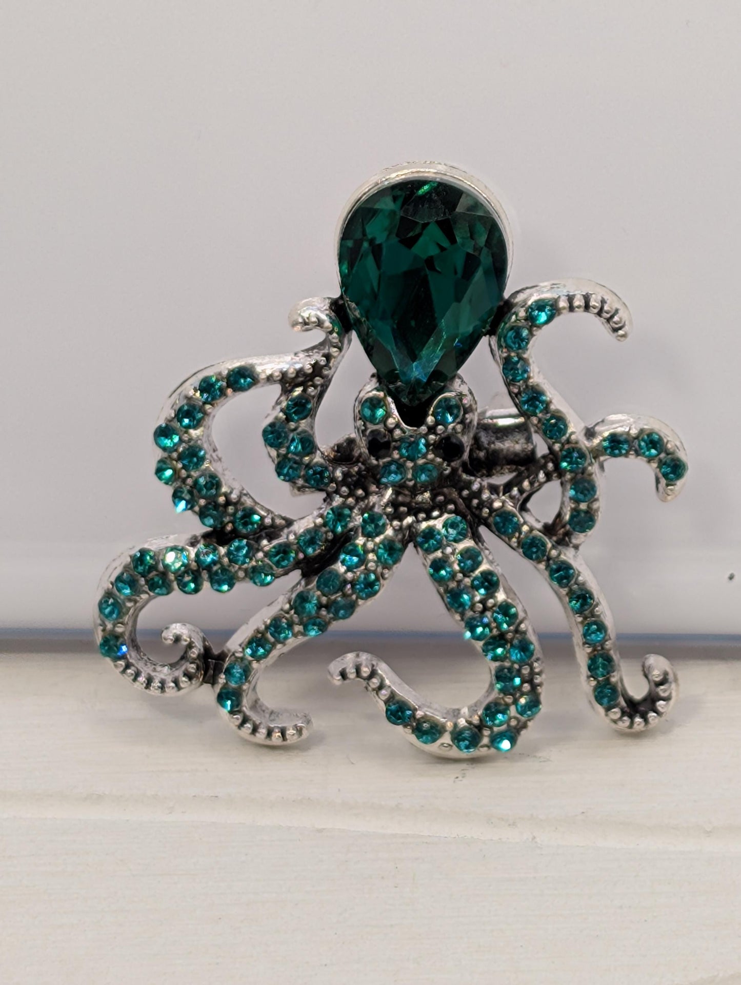 Silver Plated Green Rhinestone Octopus Brooch