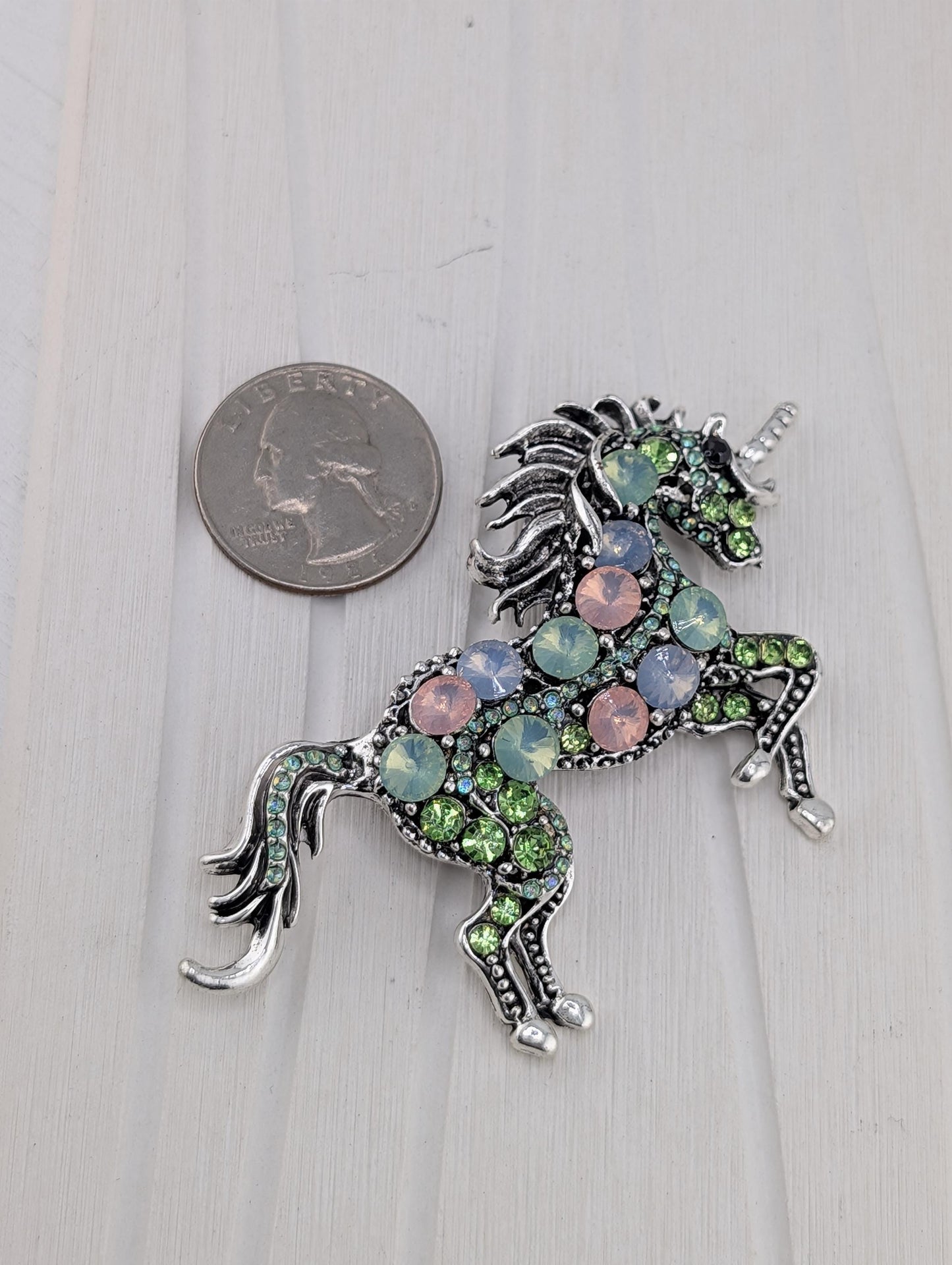 Silver plated Mint green & Pink Rhinestone Unicorn brooch