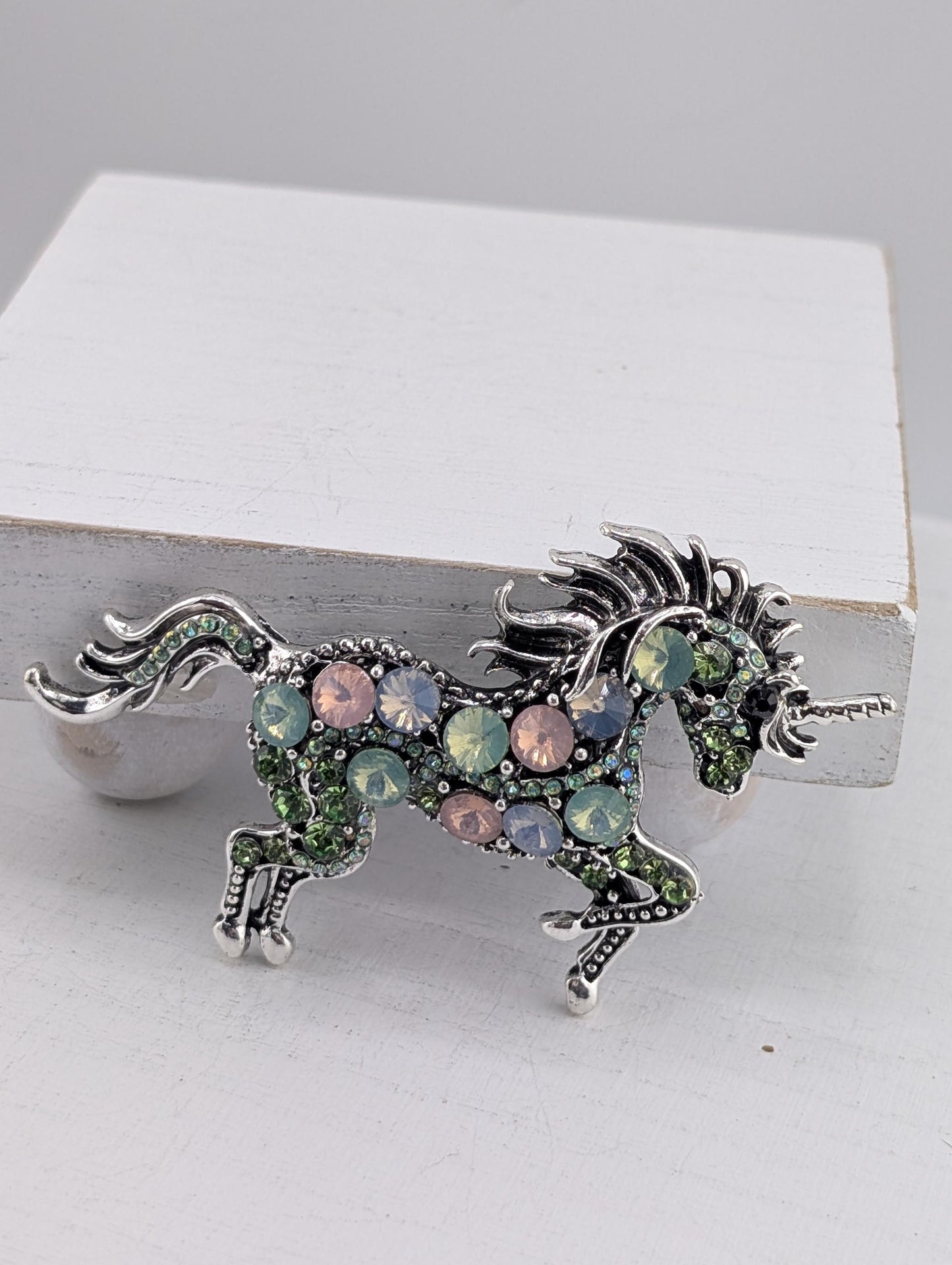 Silver plated Mint green & Pink Rhinestone Unicorn brooch
